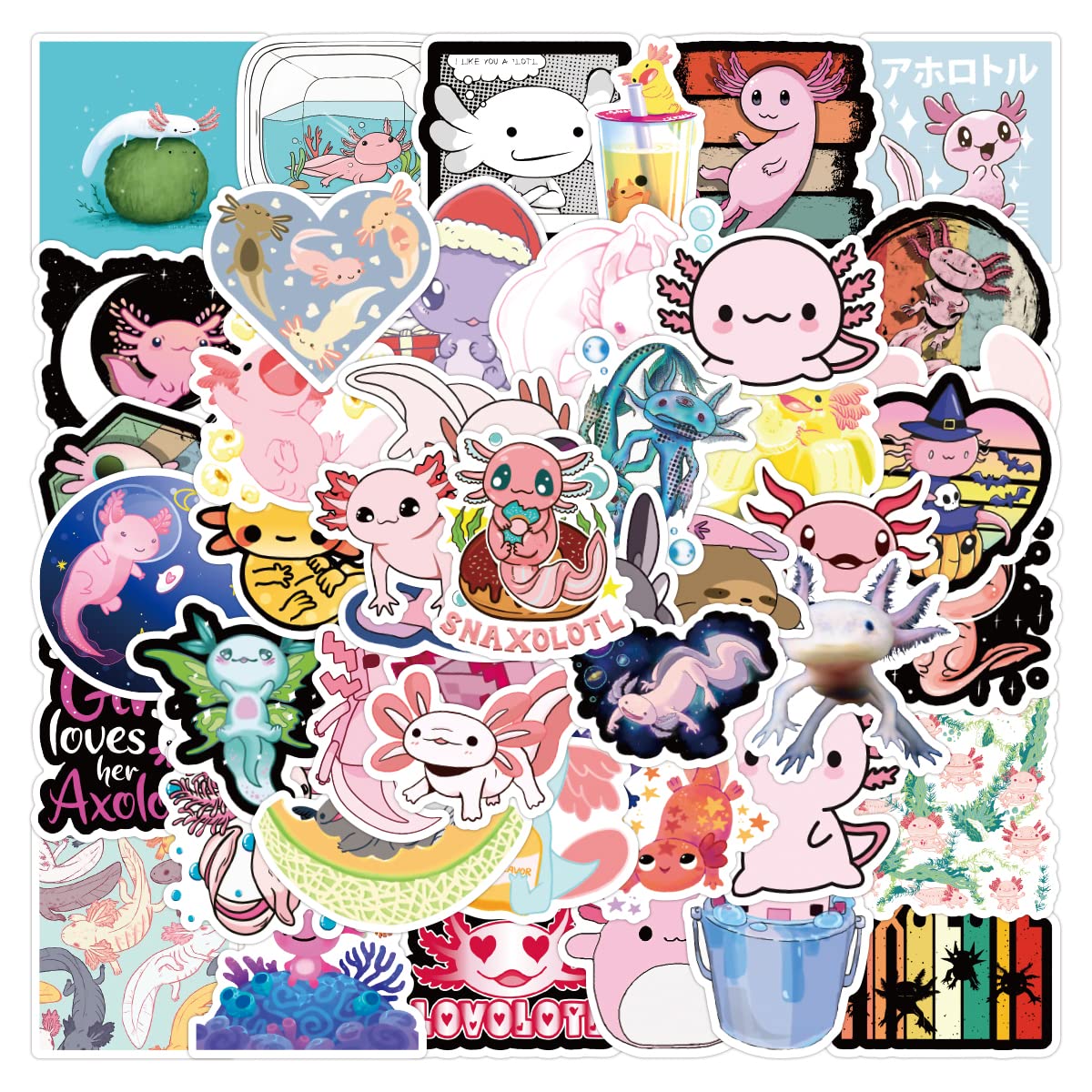 51pcs Cute Axolotl Stickers - Waterproof Vinyl Cartoon Animal Stickers for Laptops, Water Bottles, Journals & DIY Crafts - Adorable Mexican Salamander Decals for Kids & Adults