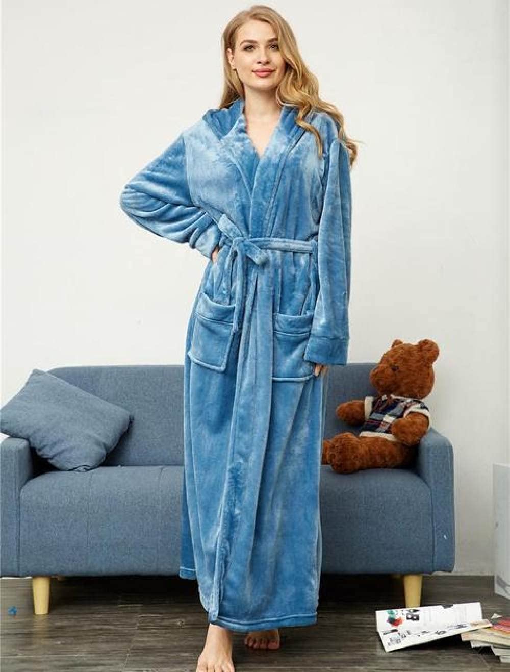AUBERSIT Winter Warm Extra-Long Flannel Men's Nightgown & Hooded Bathrobe - Cozy Loose Homewear for Men and Women (Blue, Large) - Perfect for Lounging, Sleeping & Cold Weather Comfort