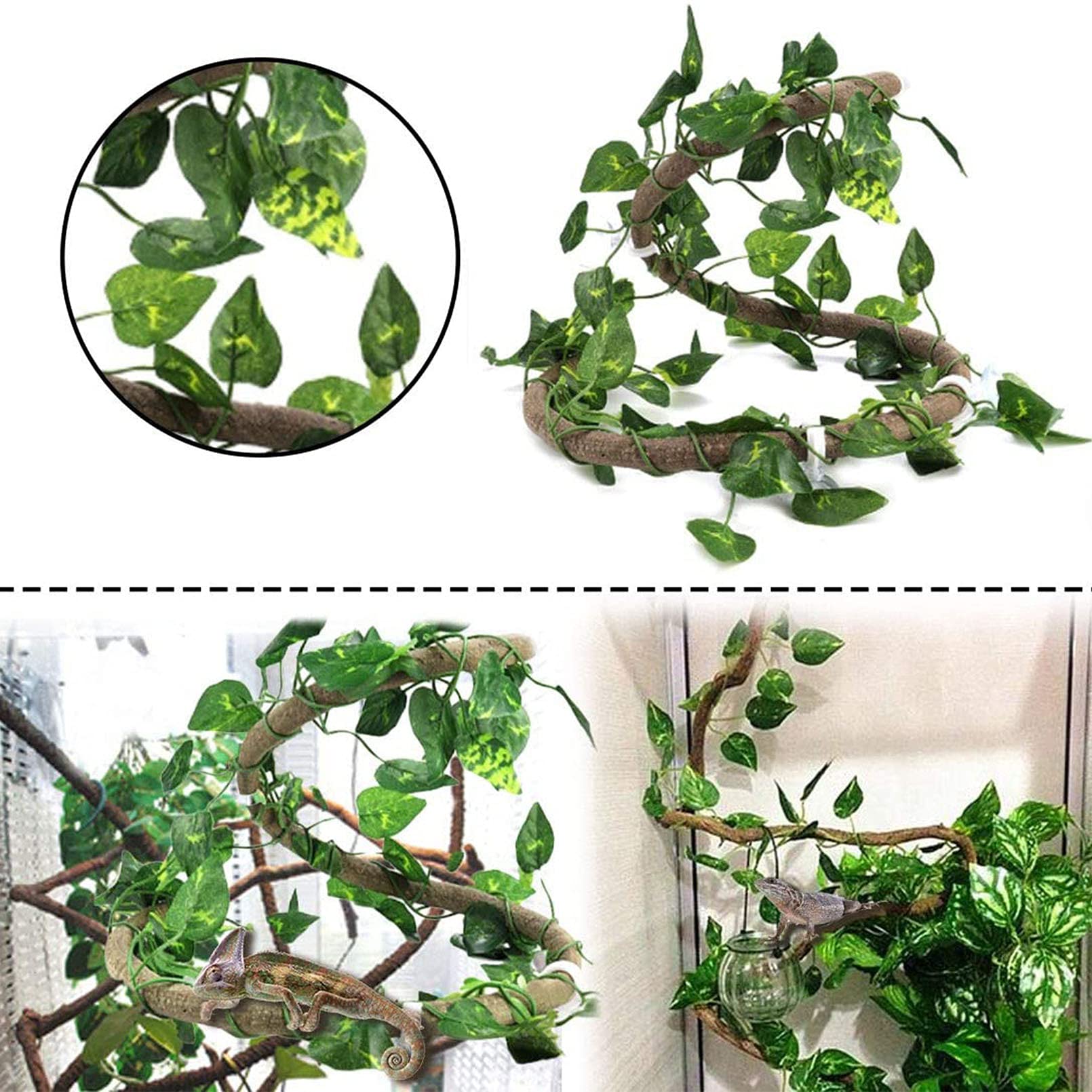 Hamiledyi 4Pcs Reptile Jungle Vines - Bendable Fake Leaves Terrarium Plants for Bearded Dragons, Lizards, Geckos, Snakes & Frogs | Climbing Decor for Reptile Tanks & Habitats | Perfect for Natural Jungle-Themed Enclosures & Climbing Enrichment