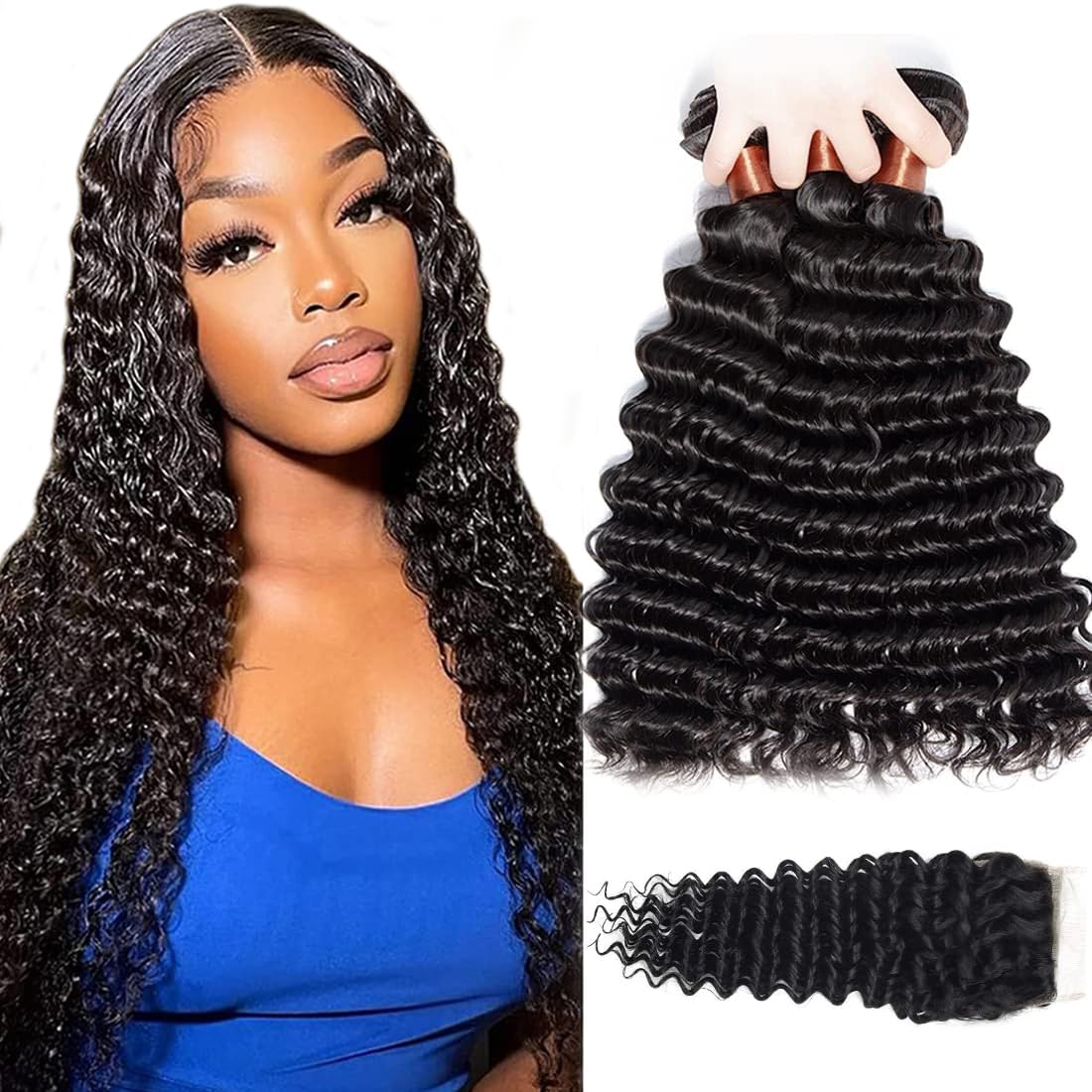 Brazilian Virgin Human Hair Bundles with Lace Closure - 100% Unprocessed Deep Wave Hair Extensions (16
