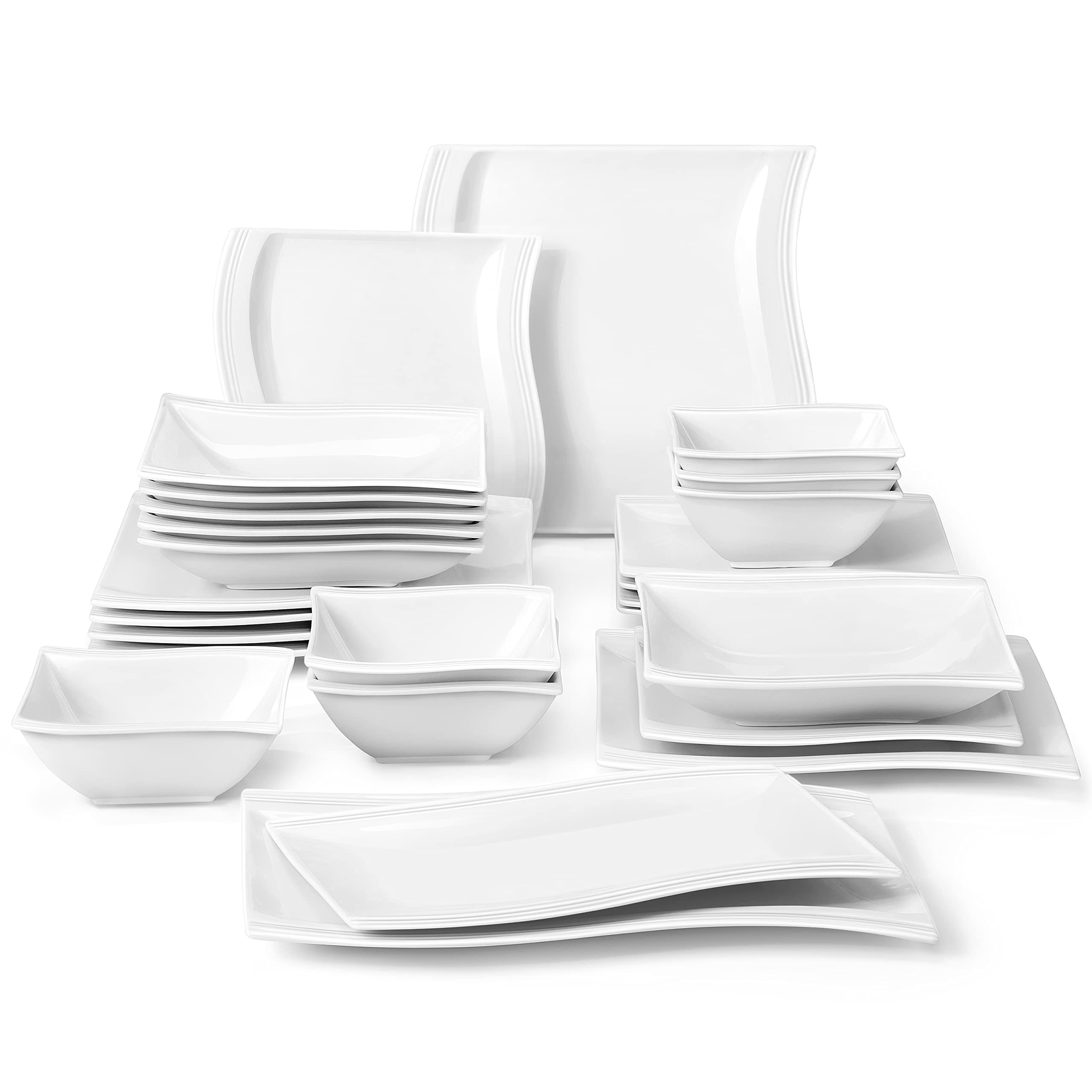MALACASA 26-Piece Ivory White Square Porcelain Dinnerware Set - Plates, Bowls & Serving Platters for 6, Flora Series | Elegant Table Setting for Dinner Parties, Restaurants & Home Decor