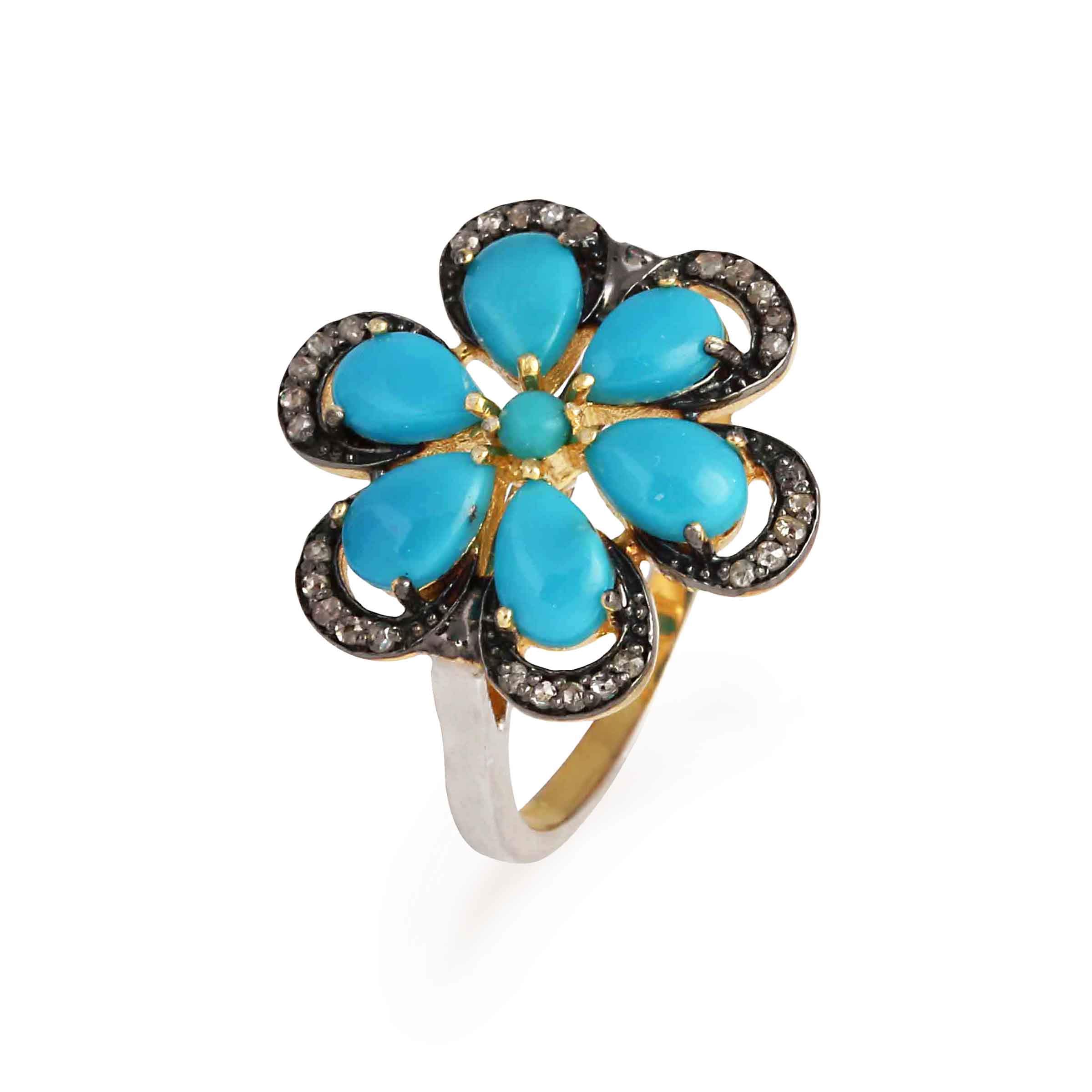Handmade Natural Diamond Ring for Women - 0.2 Carat Brown Diamond (I2-I3 Clarity) & 2ct Blue Turquoise Flower Ring - Elegant Anniversary & Birthday Gift for Her - Perfect for Weddings, Date Nights & Special Occasions