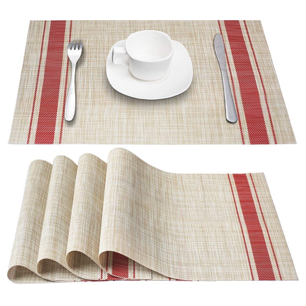 Premium Non-Slip PVC Placemats Set of 4 - Woven Vinyl Table Mats for Dining Table, Kitchen & Home Decor (Red) - Perfect for Everyday Meals, Dinner Parties & Holiday Gatherings