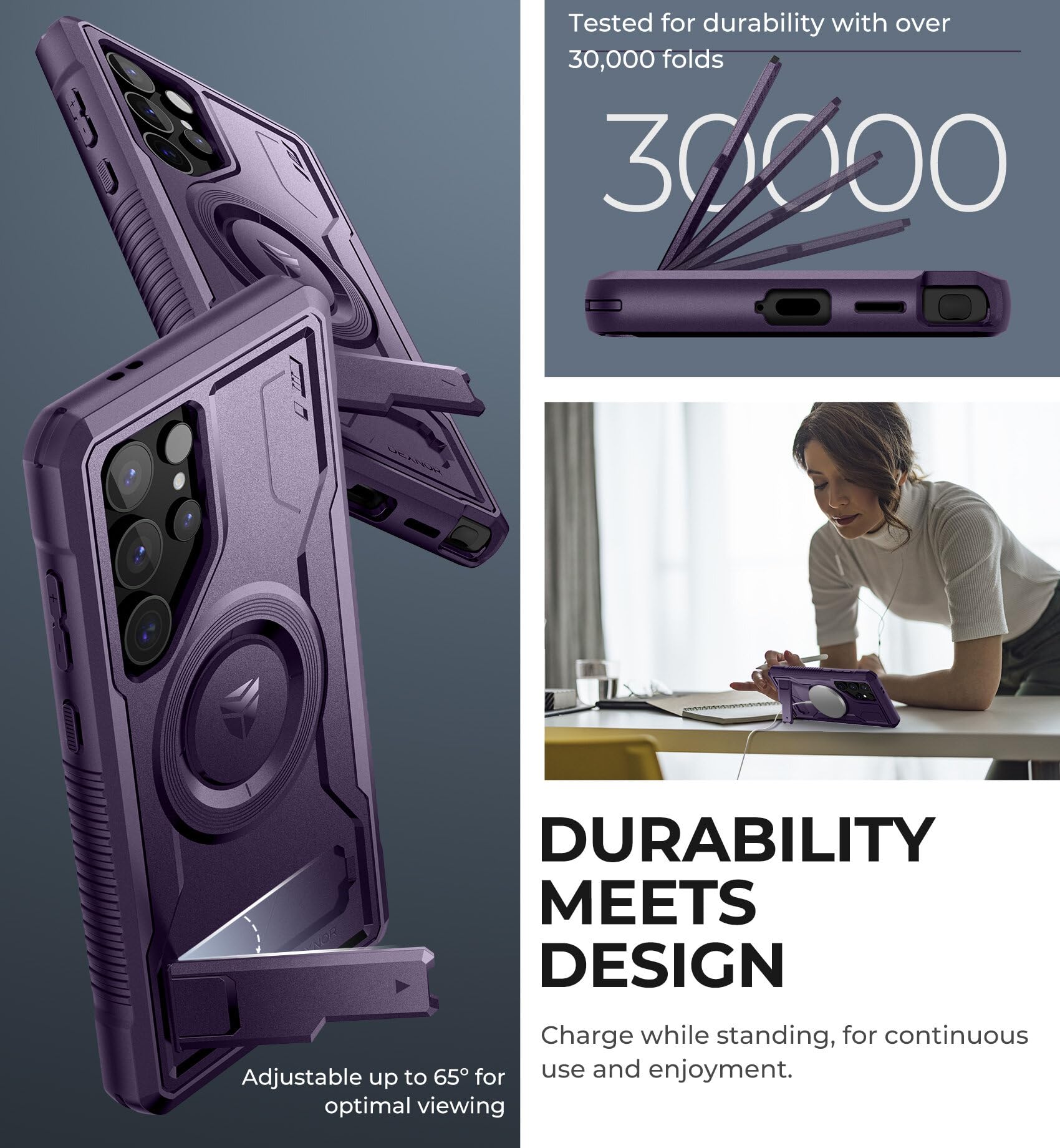 Dexnor Magnetic Case for Samsung Galaxy S24 Ultra - Shockproof Rugged Protective Cover with Adjustable Kickstand, 2 Front Frames & Built-in Screen Protector | Magsafe Compatible | Full Body Protection | Purple | Perfect for Outdoor Activities, Travel & Daily Use