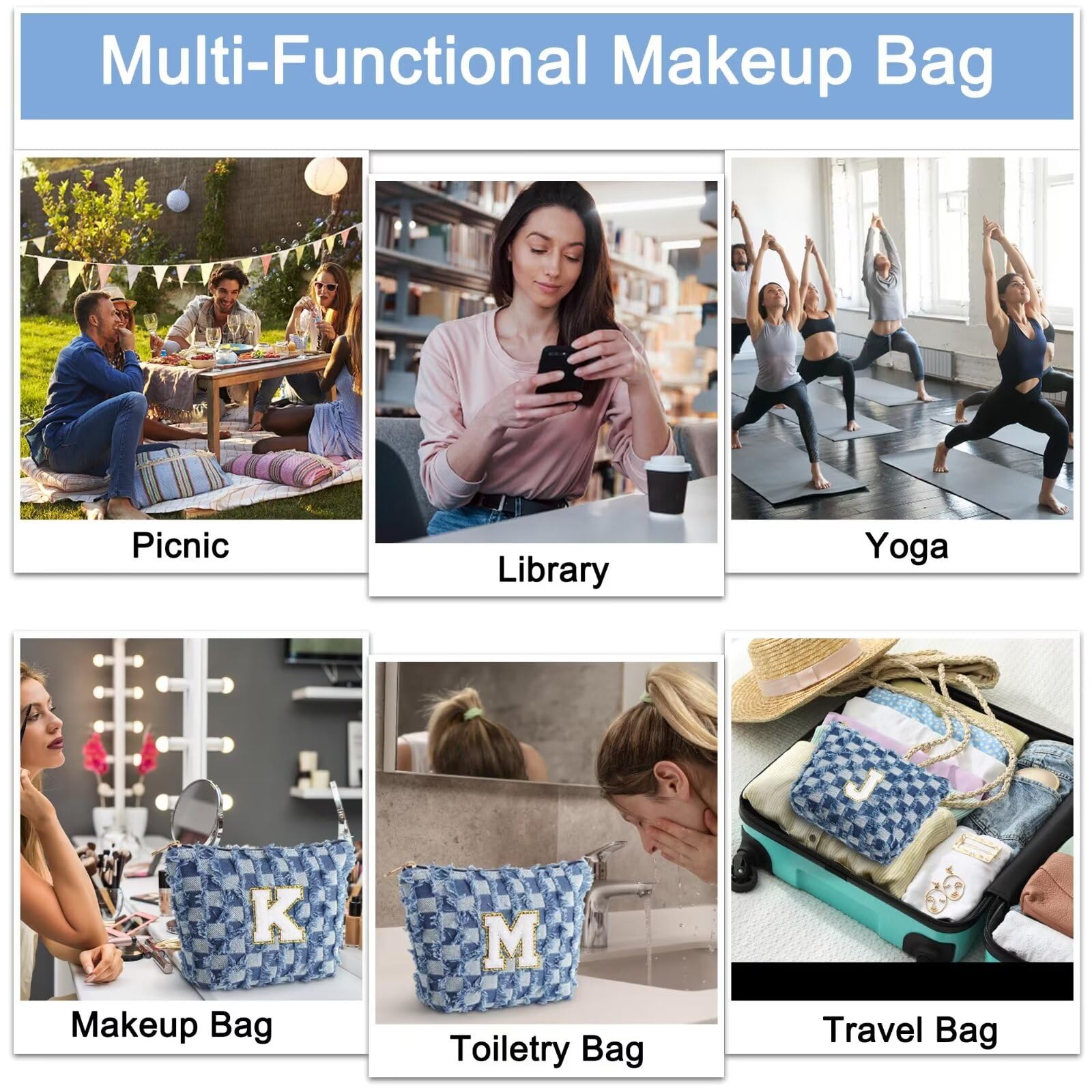 Personalized Monogrammed Makeup Bag for Women - Custom Initial Checkered Cosmetic Pouch - Unique Christmas & Birthday Gift for Her, Girlfriend, Mom, Daughter, Teens, Bridesmaids, Friends & Teachers | Perfect for Travel, Daily Use & Special Occasions
