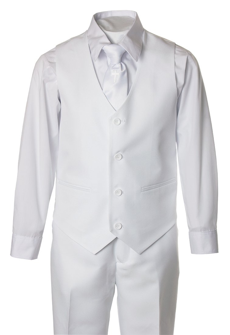 Boys First Holy Communion White Suit with Cross Neck Tie - Formal Church Outfit for Religious Ceremonies & Special Occasions