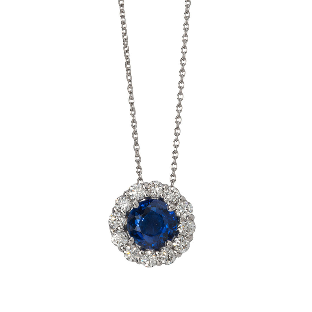 2 Carat Sapphire and Diamond Halo 18K White Gold Pendant Necklace for Women - Elegant Jewelry Gift for Anniversary, Birthday & Special Occasions