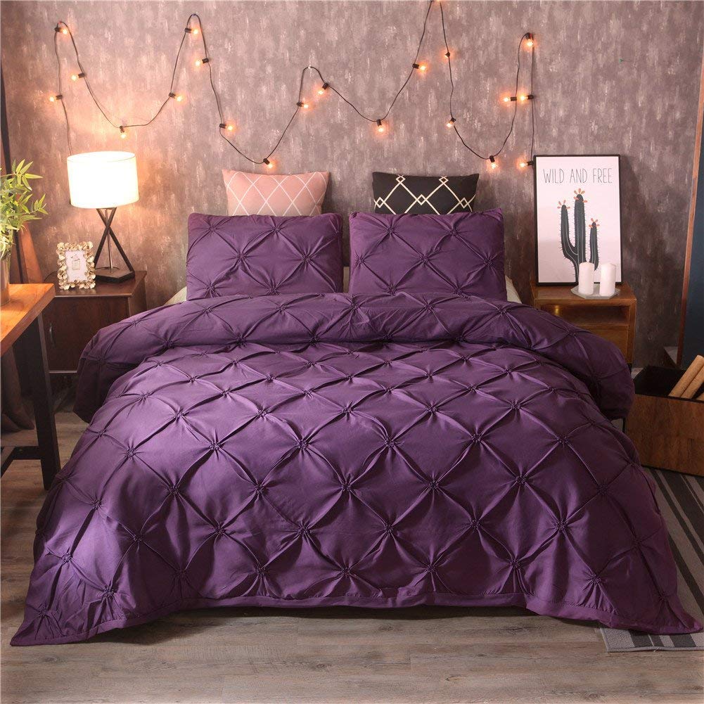 Luxury Twin Duvet Cover Set - Soft Purple Pinch Pleat Pintuck Bedding with Pillowcases, Brushed Microfiber Polyester Comforter Cover, Geometric Design (2Pcs) - Perfect for Master Bedroom, Guest Room & Dorm Decor