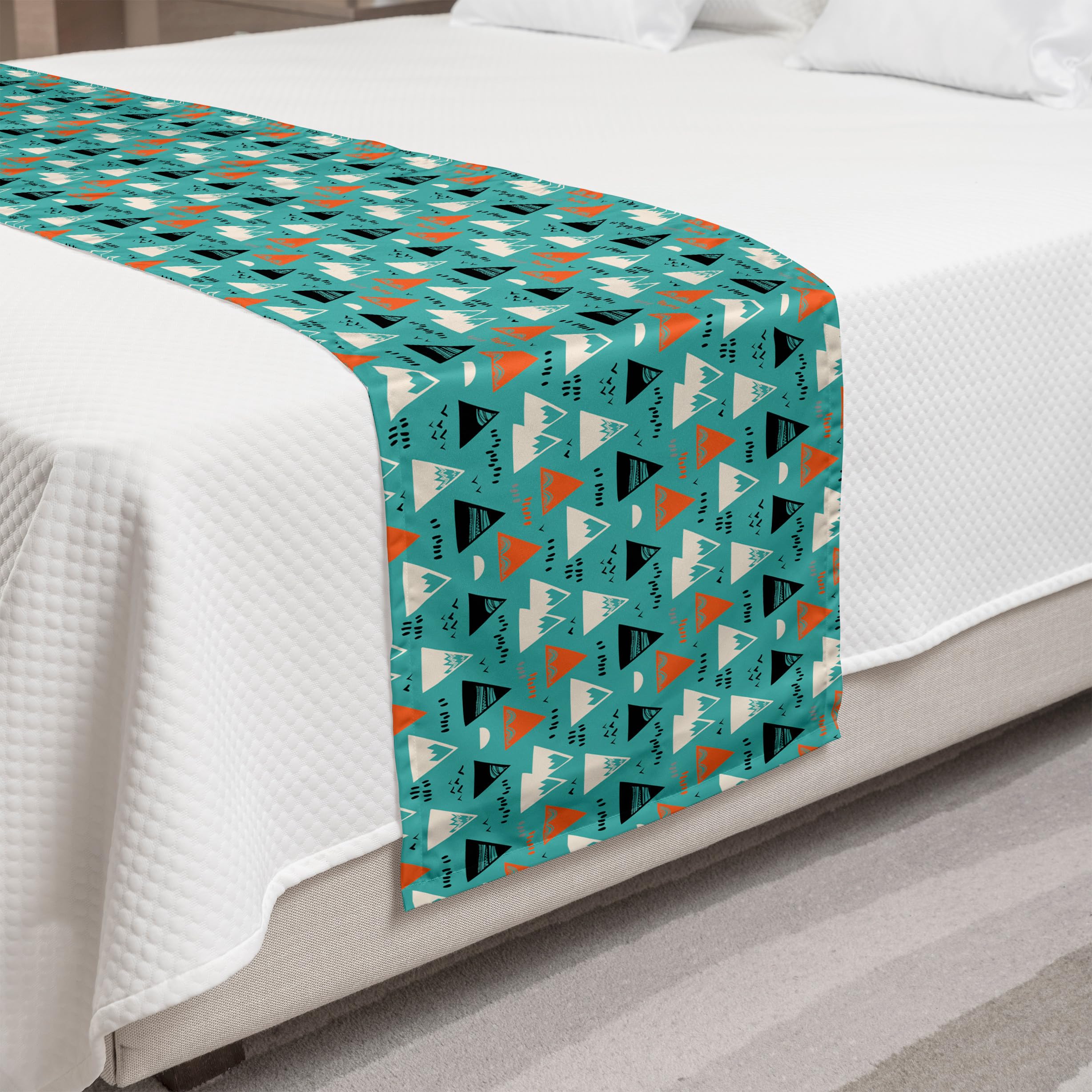 Ambesonne Mountain Themed Bed Runner - Geometric Triangle & Seagull Design, Decorative Bed Scarf for King Size Beds - Seafoam & Dark Salmon Accent - Perfect for Hotels, Homes & Guest Room Decor | Bedroom Styling, Luxury Bedding Accessory, Home Interior Design