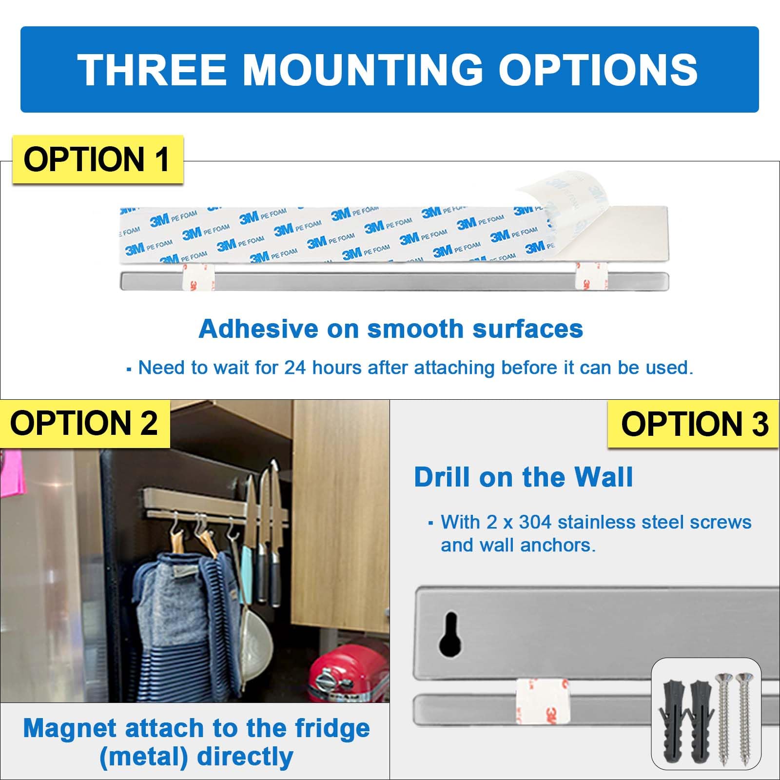 17 Inch Magnetic Knife Holder for Wall - No Drill or Drill Options with 12 Hooks - Strong Adhesive Double Magnetic Bar - 304 Stainless Steel Knife Strip - Perfect for Kitchen Utensil Organization - Ideal for Home Chefs & Professional Kitchens