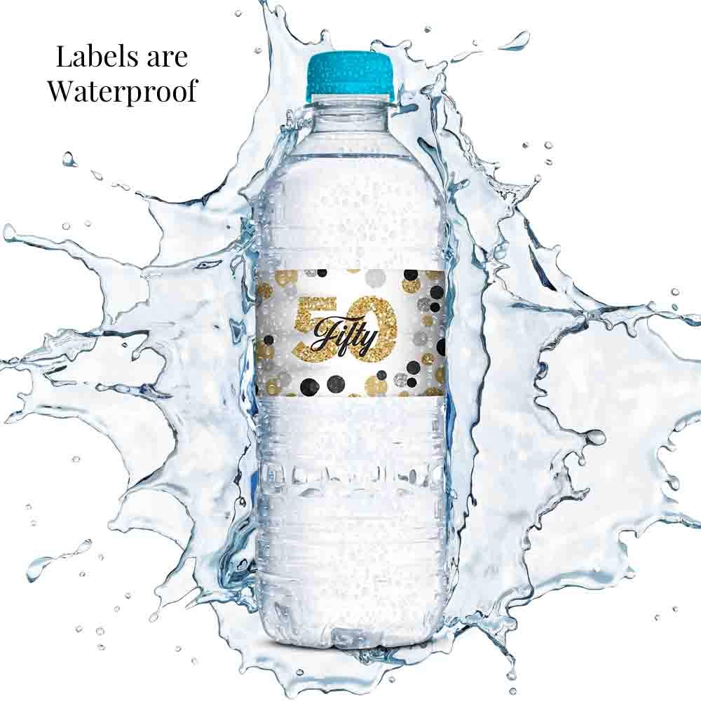 50th Birthday Party Waterproof Bottle Stickers - Confetti Polka Dot Wrap Around Labels for Anniversary Celebrations (20 Pack, 1.75