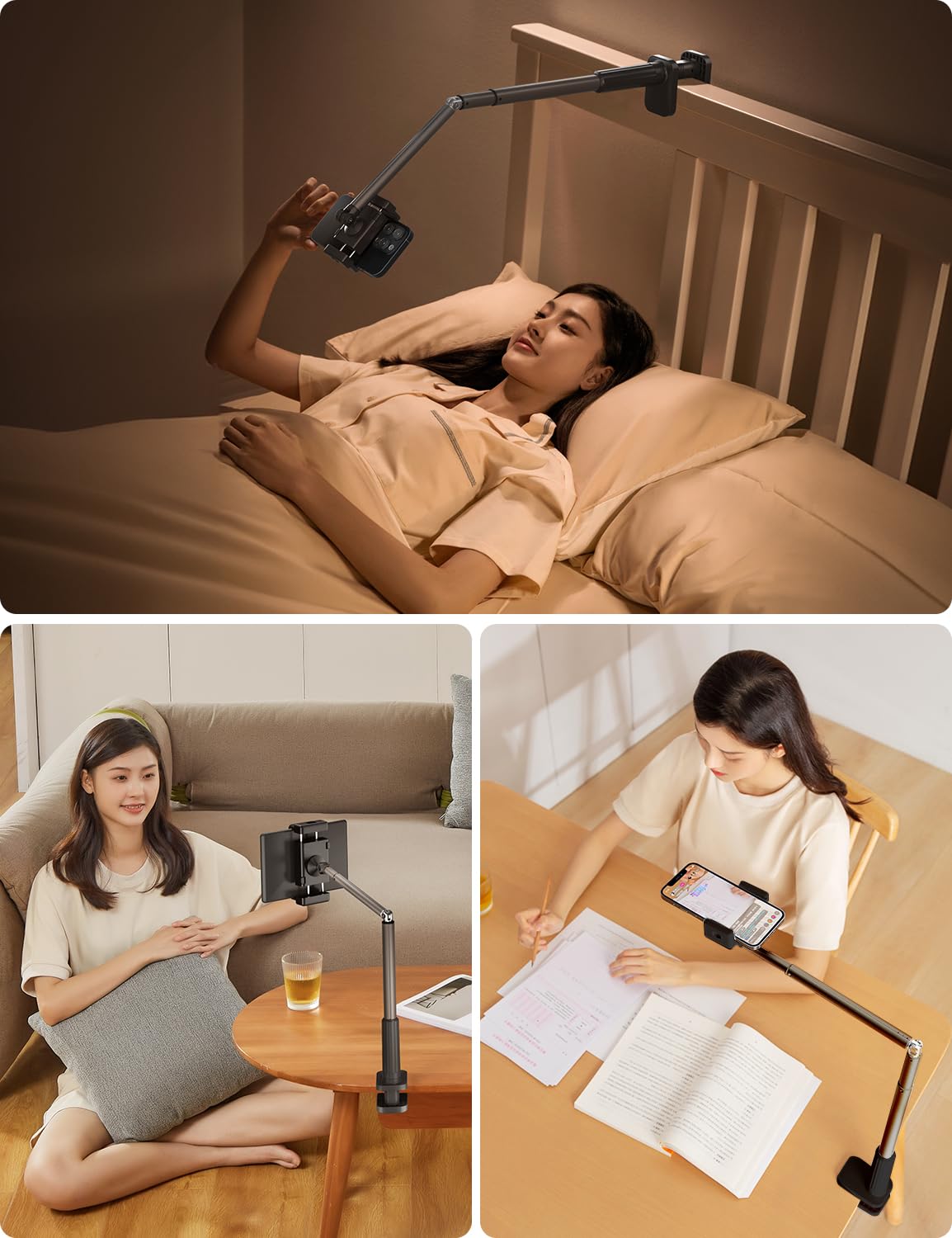 360° Rotating SupeDesk Tablet & Phone Holder for Bed - Adjustable Long Arm Clip Mount for 3.5-11