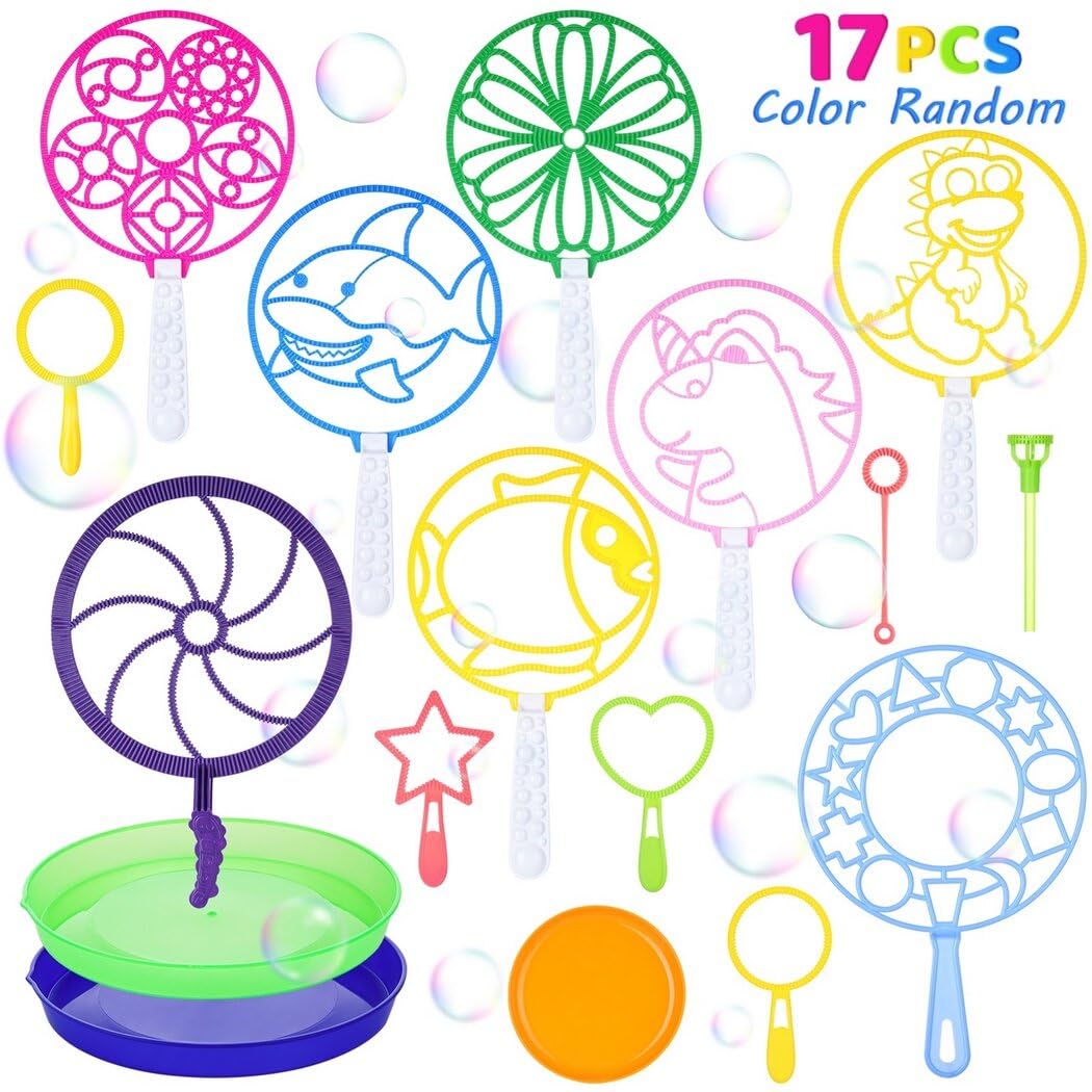 Bangcool Bubble Wands Set - 17 Piece Bubble Making Kit for Kids & Adults with Dinosaur & Shark Wands, Bubble Trays - Perfect for Birthday Parties, Outdoor Play, Summer Activities & Family Fun