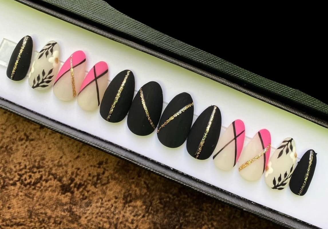 UV Treated Fake Nails with Glue - Reusable Press on Nails Kit, Handmade Almond Nail Tips (12-Piece Set) for Salon Quality Manicures at Home