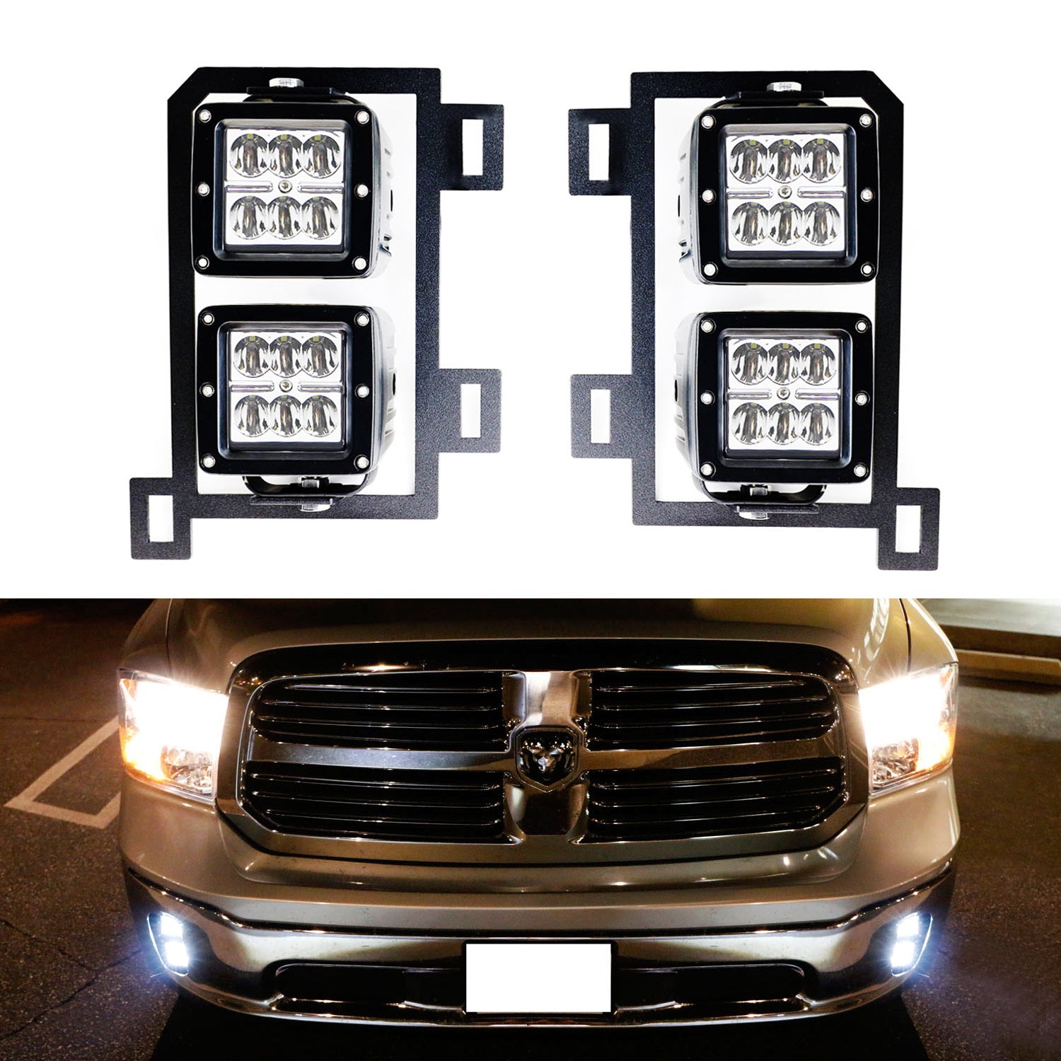 24W CREE LED Pods with Fog Lamp Mounting Brackets & Wiring Harness for 2013-2018 Dodge RAM 1500 - Off-Road Lighting, Fog Lights Replacement, Truck Accessories