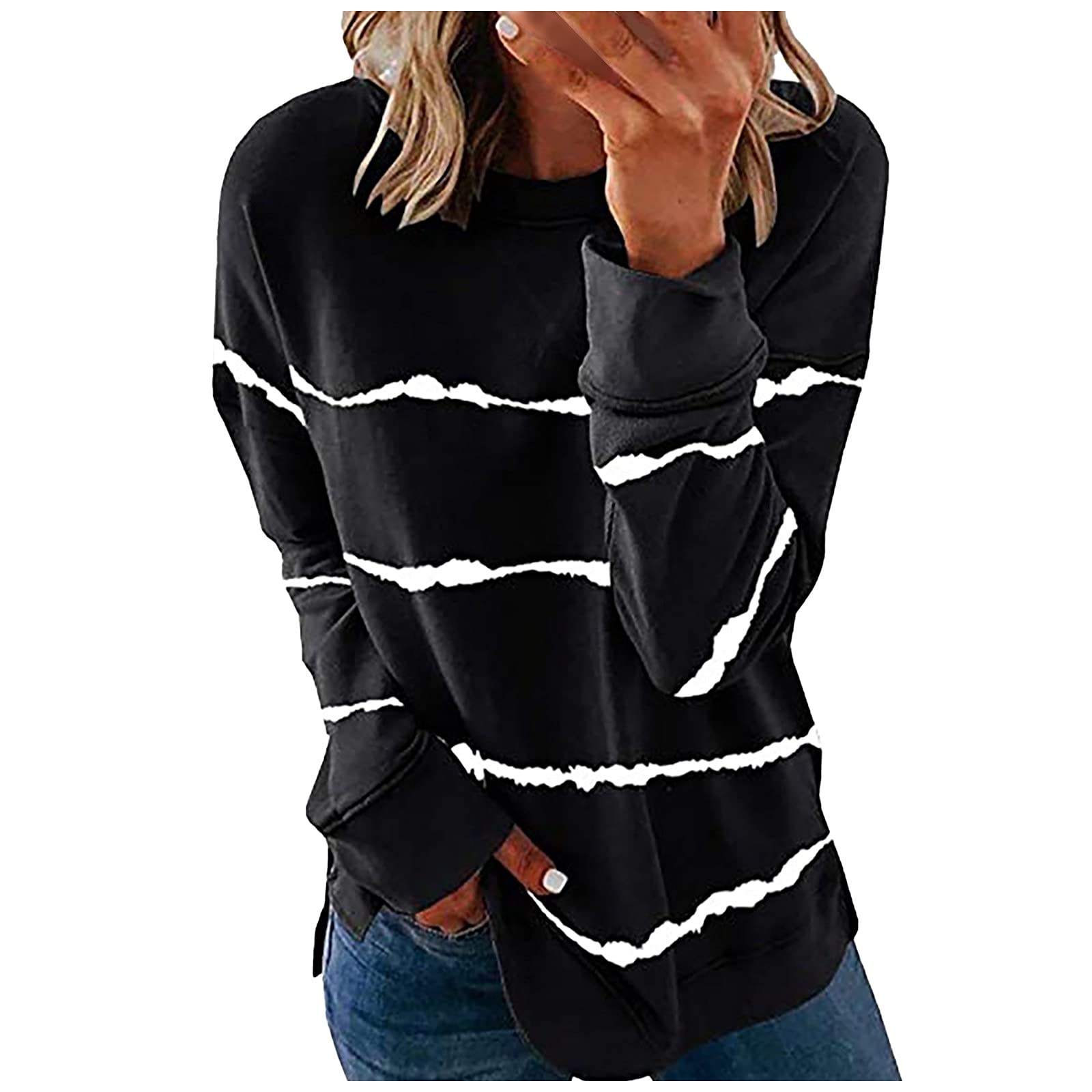 ZEFOTIM Women's Spring Tops 2023 - Trendy Contrast Color Striped Loose Long Sleeve Tunic Blouse with O-Neck | Casual Office Wear & Spring Outfits