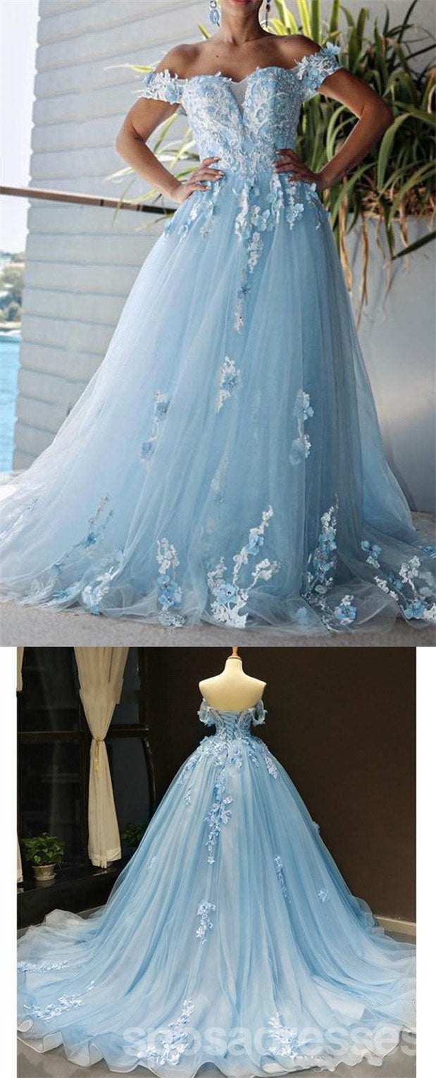 Floral Blue A-Line Off-Shoulder Long Prom Dress for Women - Elegant Evening Gown for Homecoming, Ballroom Dance & Formal Events