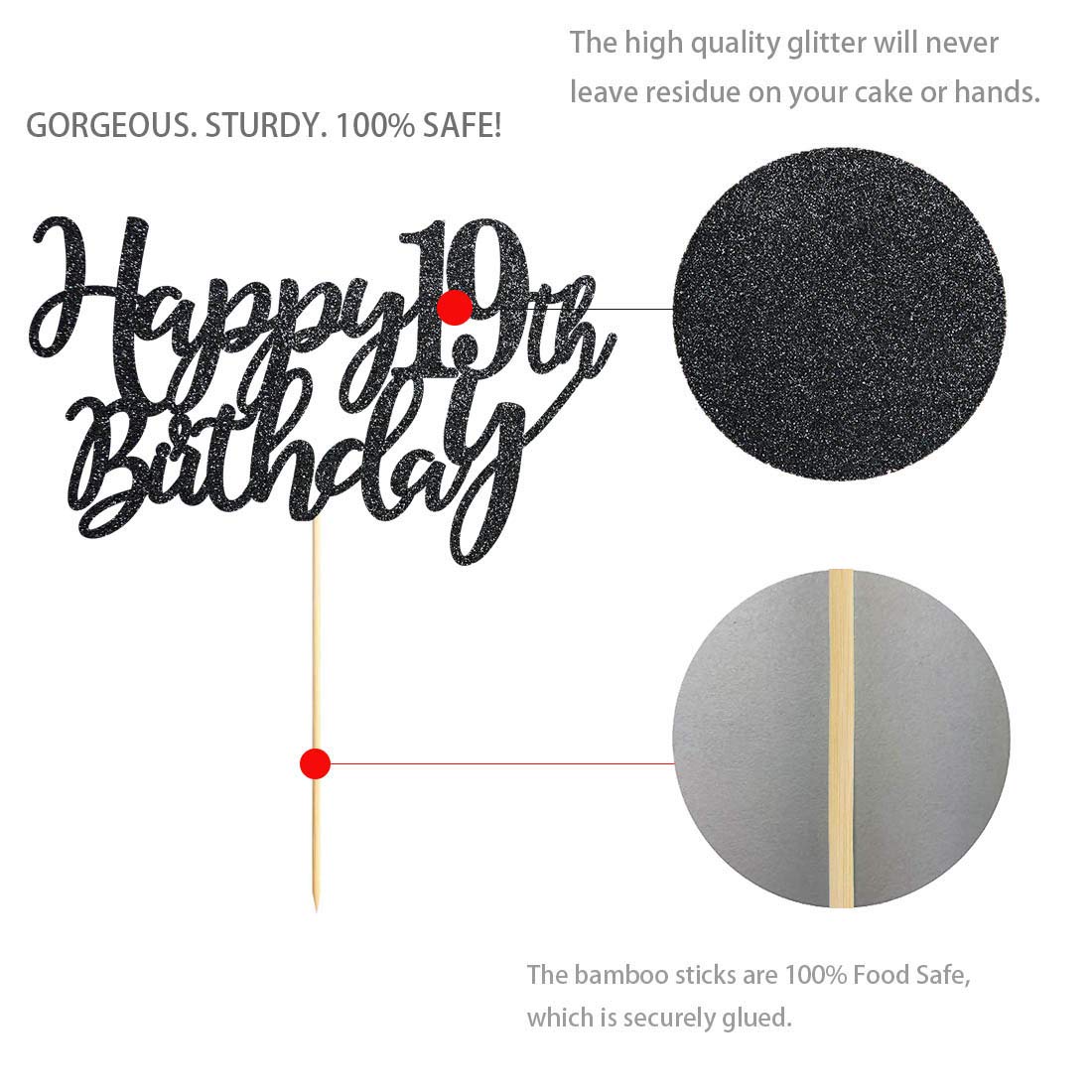19 Black Glitter Happy 19th Birthday Cake Topper - Elegant Birthday Party Decoration for Cakes, Cupcakes & Desserts | Perfect for Sweet 19 Celebrations, Milestone Parties & Special Occasions