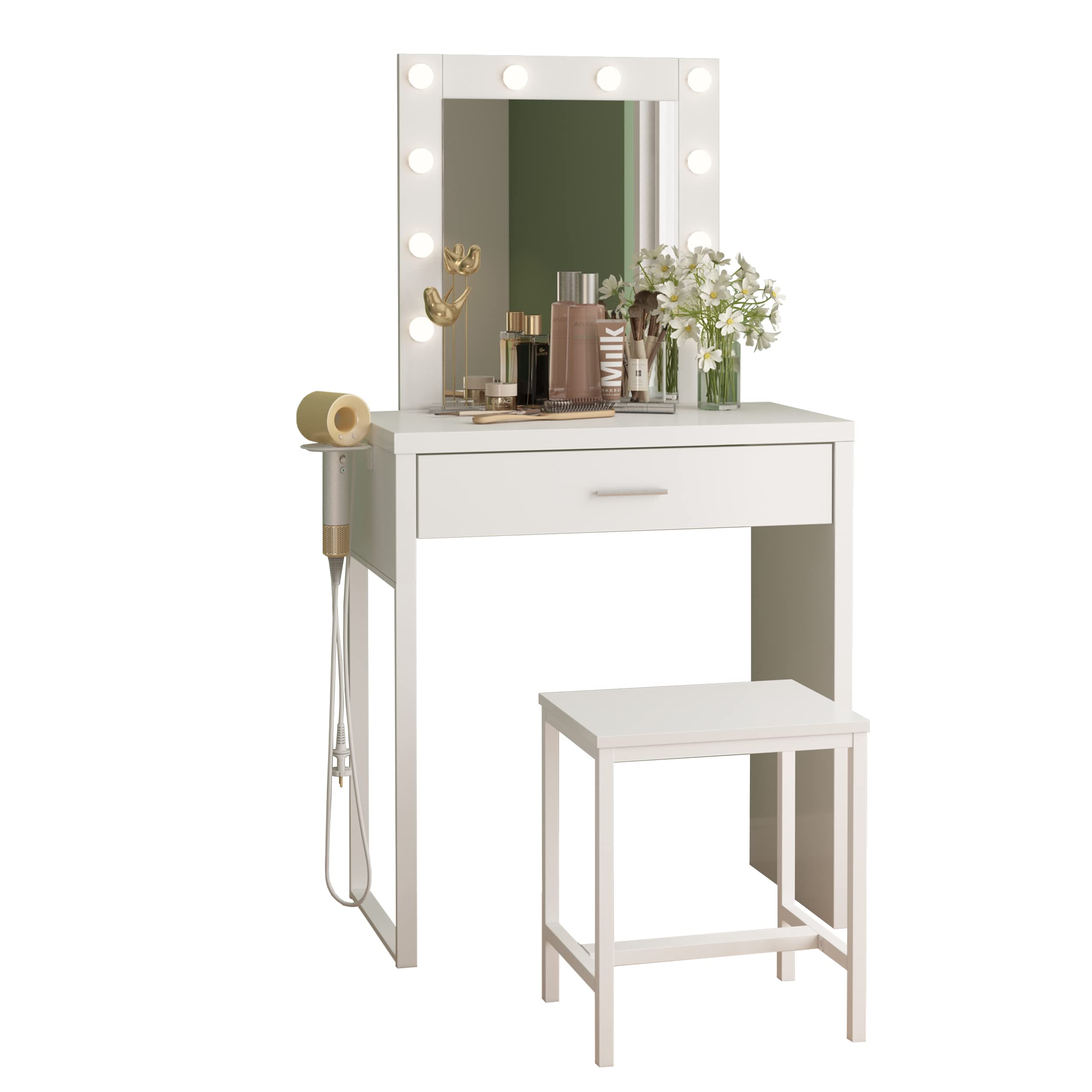 White Makeup Vanity Desk with Mirror & 10 LED Lights - Small Vanity Table & Chair Set for Bedroom, 27.6 Inch Dressing Table for Makeup, Skincare & Hair Styling - Perfect for Home, Apartment & Beauty Salon Use