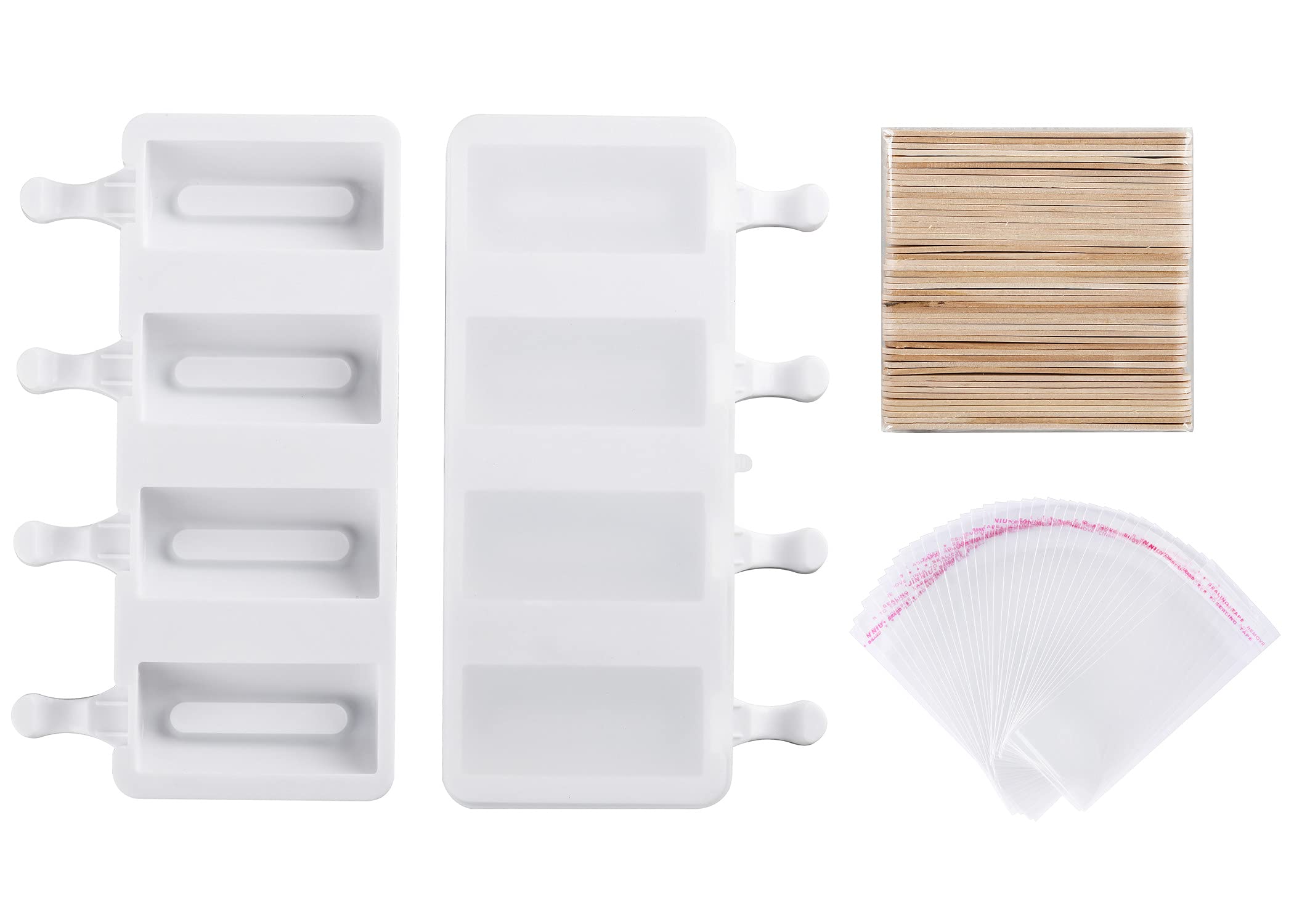 Mirenlife 4-Cavity Silicone Popsicle Molds with Lids - Reusable Cake Pop Molds for Homemade Ice Pops, Cakesicles & Frozen Treats - Includes 50 Wooden Sticks & 50 Self-Seal Bags (Set of 2) - Perfect for Summer Parties, Kids Snacks & DIY Desserts
