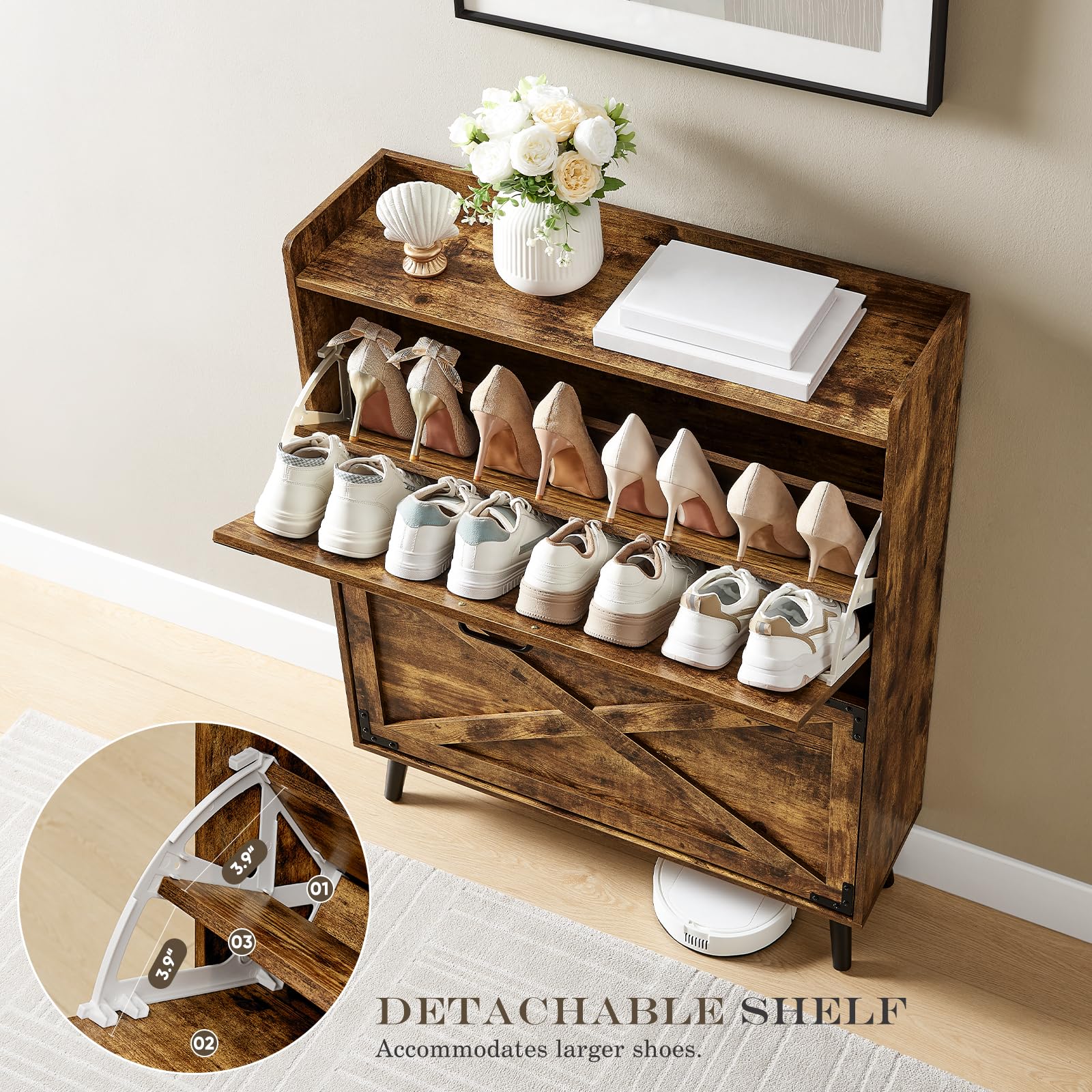 Farmhouse Style Shoe Cabinet with 2 Flip Drawers - Freestanding Entryway Shoe Organizer for Hallway, Porch & Living Room - Compact Hidden Storage with Detachable Racks - Classic Brown Shoe Rack for Small Spaces & Home Organization