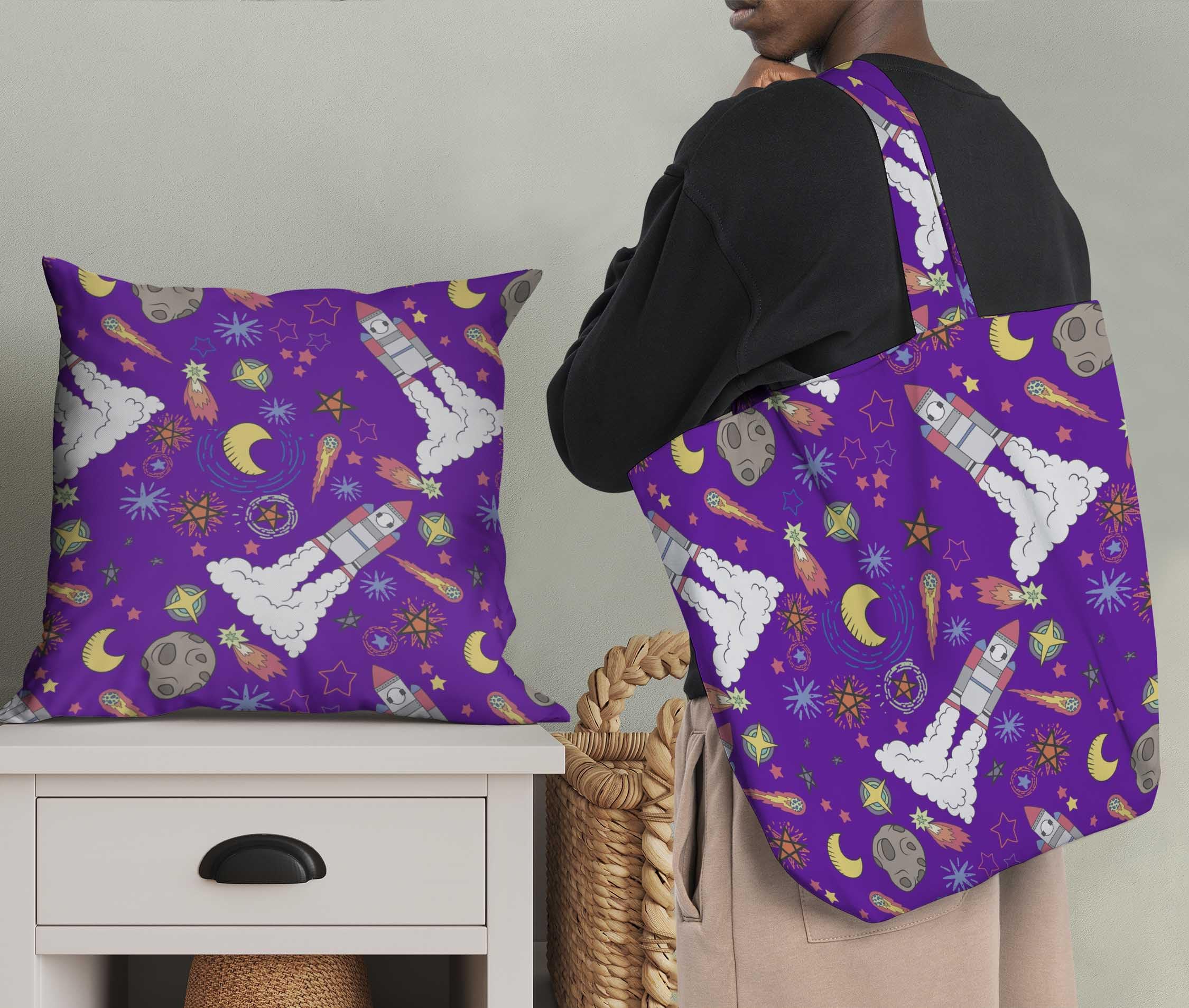 Soimoi Moss Georgette Purple Fabric by The Yard - 42 Inch Wide Stars & Rocket Galaxy Printed Fabric for Sewing, Dresses, Curtains & DIY Crafts - Lightweight & Vibrant Material for Fashion Design & Home Decor