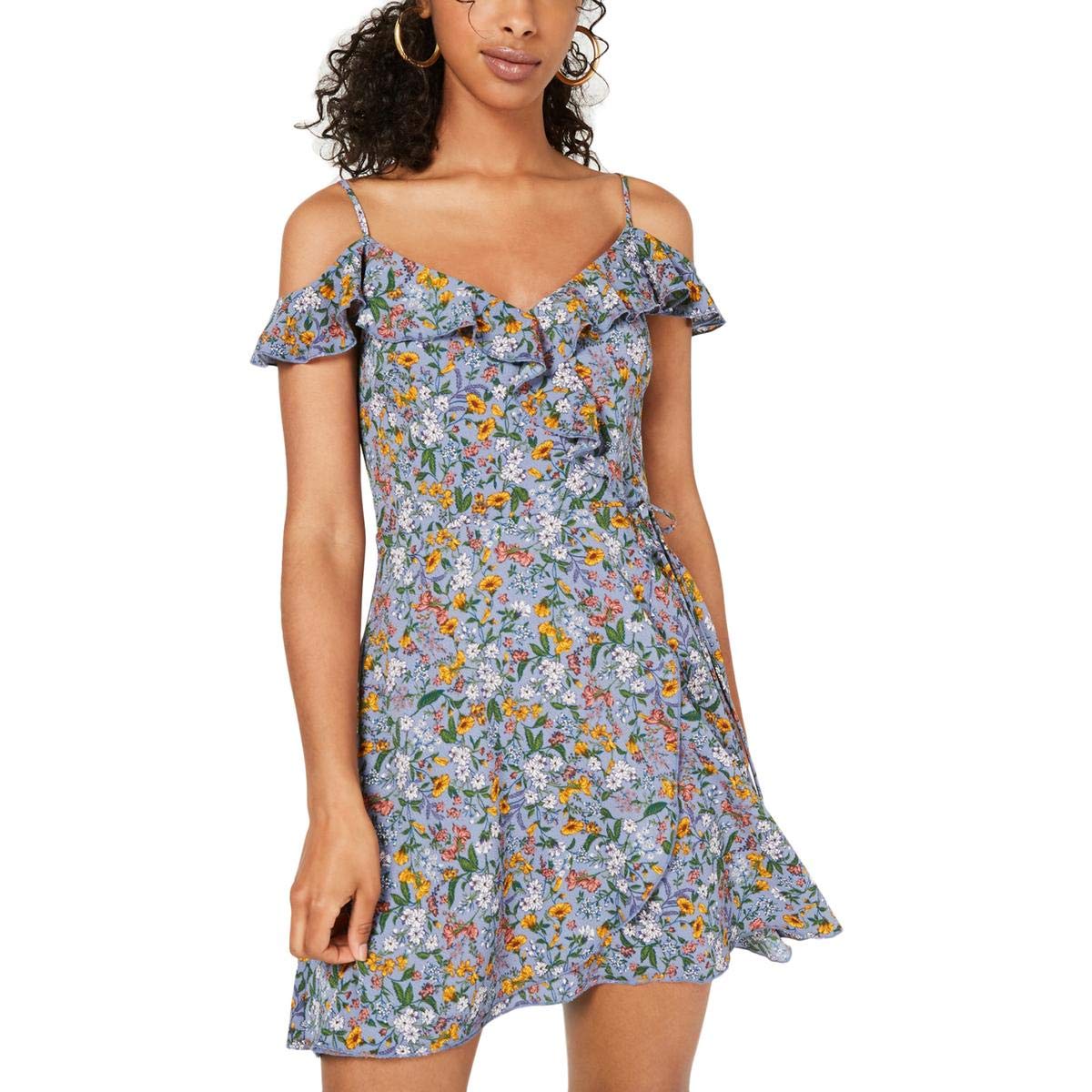 Women's Floral Wrap Mini Dress - Blue Size 7/8 | Casual Summer Outfit for Beach, Party & Date Night