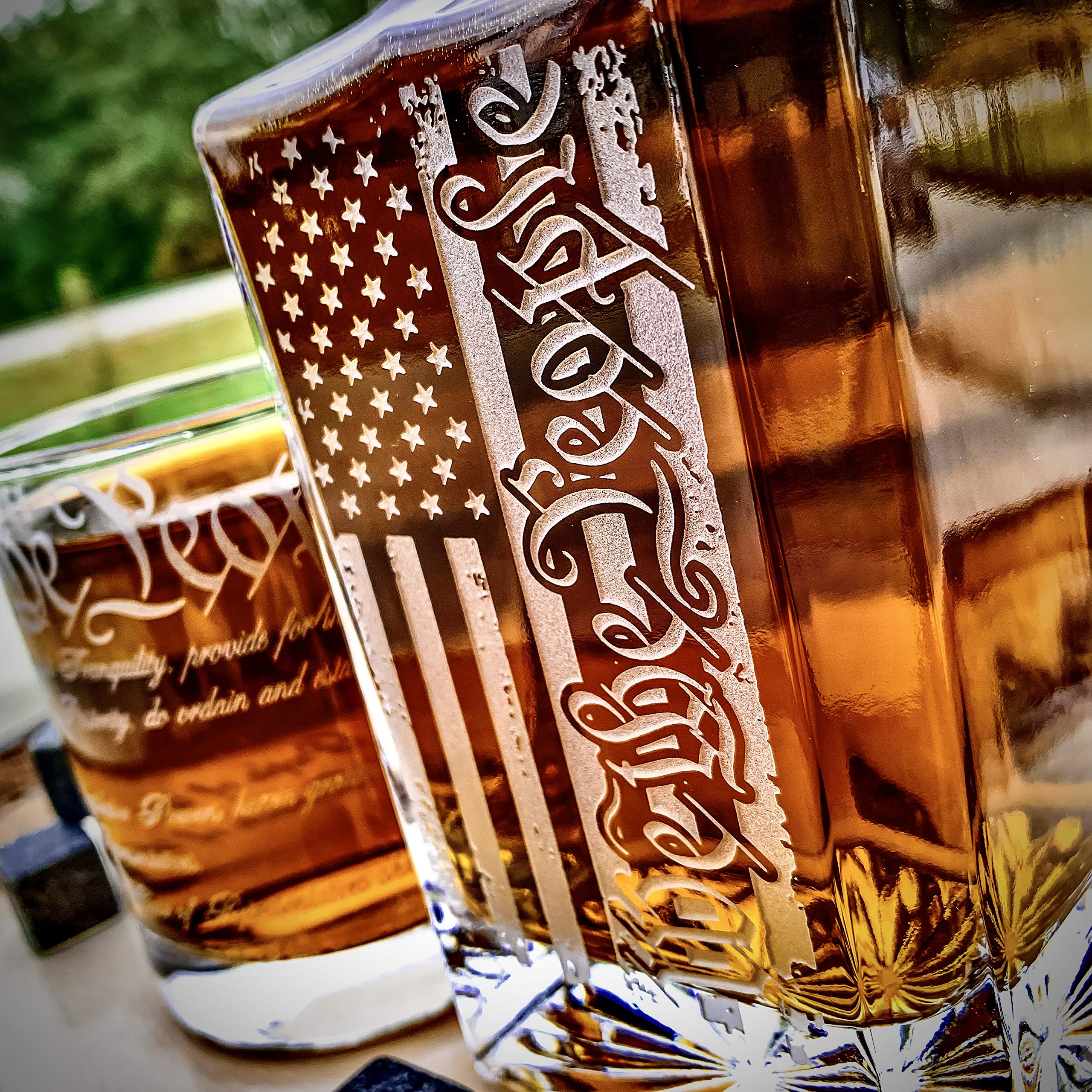 We The People American Flag Engraved 750ml Whiskey Decanter Set with 360 US Constitution Glasses (3pc) - Premium Handcrafted Barware Made in USA - Perfect Father's Day Gift for Whiskey Lovers & Patriotic Home Decor