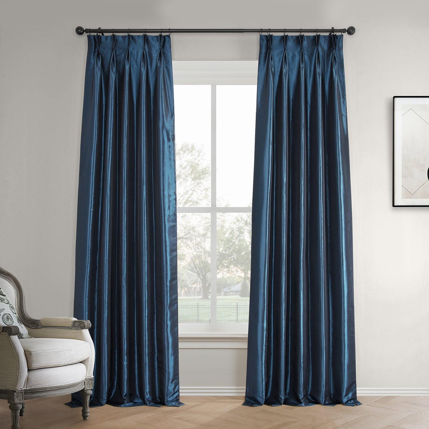 Navy Blue French Pleat Faux Silk Taffeta Blackout Curtains for Bedroom & Living Room - Light Blocking, Noise Reducing, Thermal Insulated Window Drapes