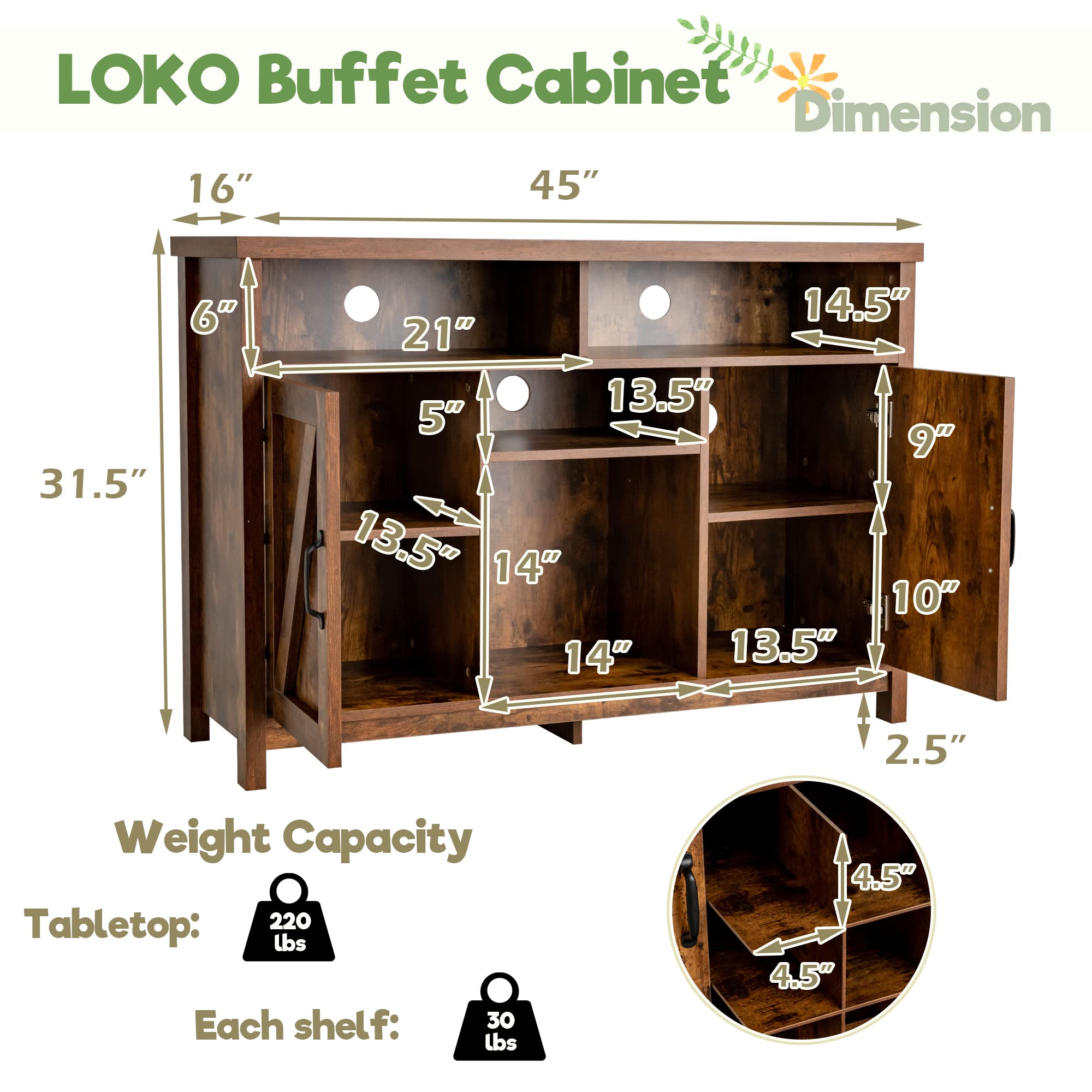 LOKO Industrial Buffet Cabinet with Storage - 45 x 16 x 31.5 Inches Kitchen Sideboard with Removable Wine Rack & Adjustable Shelves - Perfect for Dining Room, Living Room or Office Storage Organization