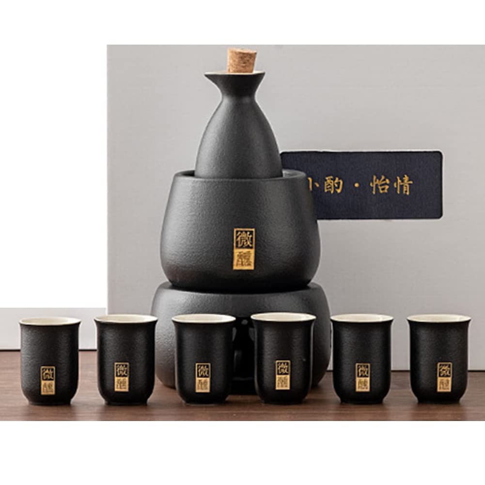 Japanese Sake Set - 6 Traditional Sake Cups, 1 Ceramic Sake Pot, 1 Warming Mug with Candle Stove & Tea Light Holder - Authentic Japanese Drinking Experience for Home Entertaining, Dinner Parties & Cultural Events