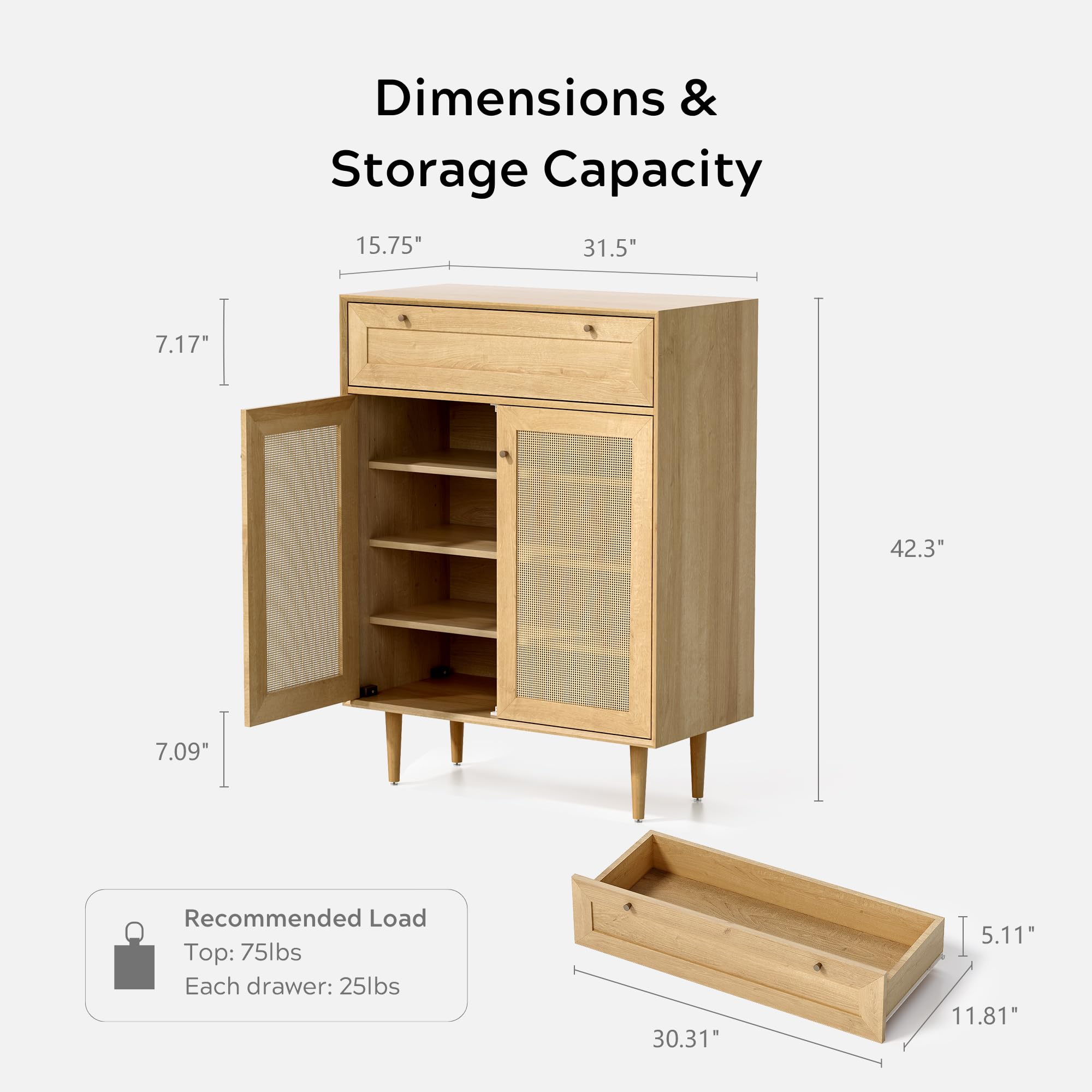 Modern Rattan Shoe Cabinet with Drawer & Doors - Large Freestanding Shoe Storage Organizer with Adjustable Shelves & Anti-Tip Design - 4-Tier Natural Oak Shoe Rack for Entryway, Bedroom, or Closet Organization - Farmhouse Style Home Decor