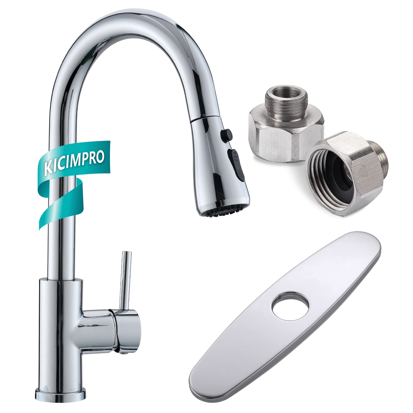 Kicimpro Chrome 3-Hole Kitchen Faucet with Sink Hole Cover & 1/2 to 3/8 Reducer - High Arc Pull Down Sprayer for Modern Sink Installation (Perfect for Home, Restaurant & Commercial Kitchen Use)