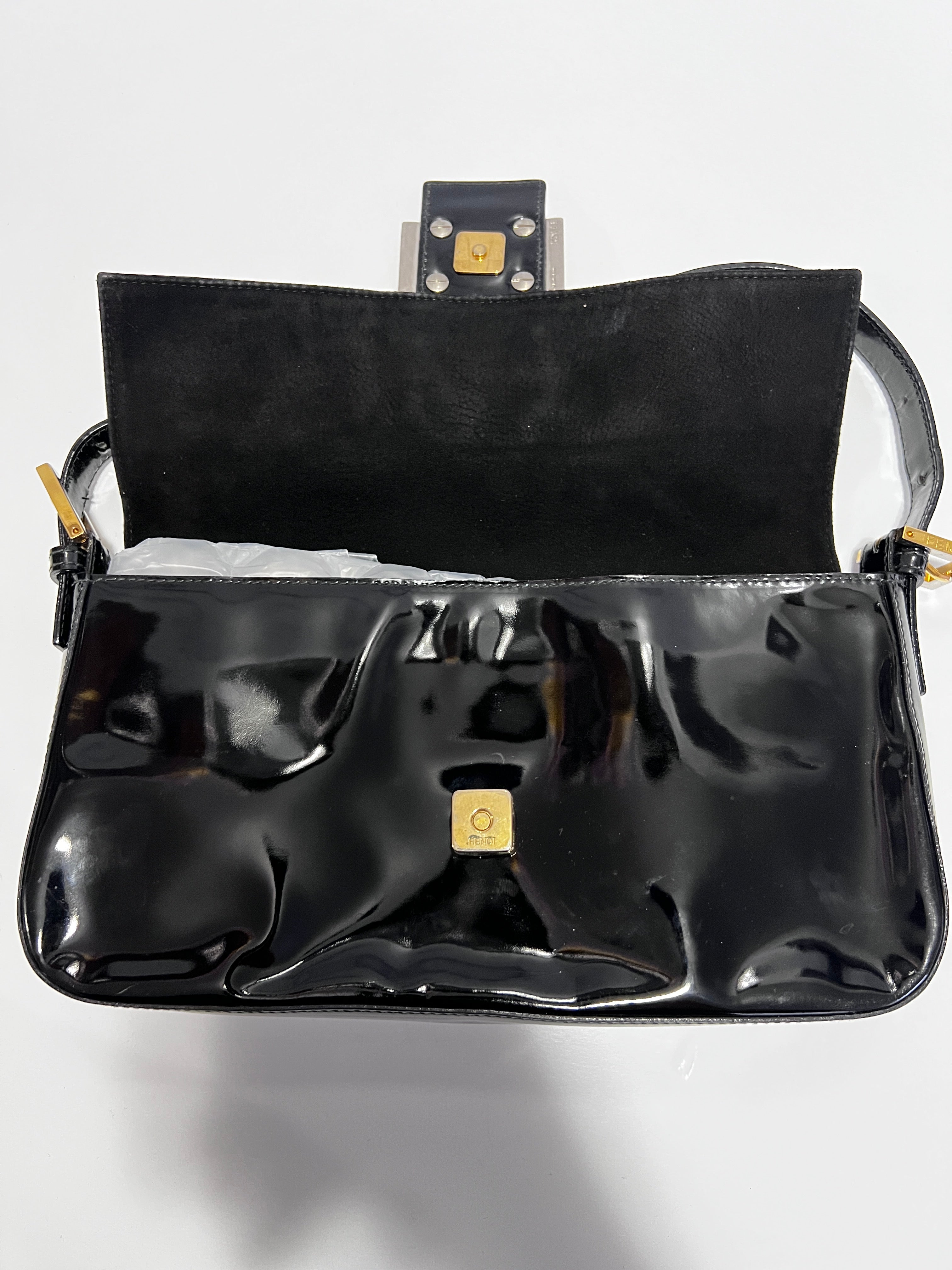 Fendi Black Patent Leather Baguette Bag - Luxury Designer Crossbody Purse for Women, Perfect for Evening Parties & Date Nights