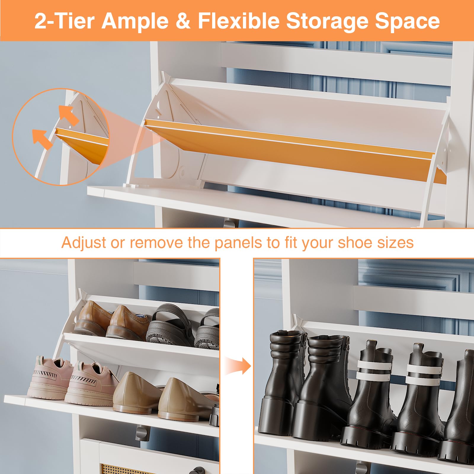 Anmytek Large Natural Rattan Shoe Storage Cabinet with 4 Flip Drawers - Freestanding Adjustable Shelf Shoe Organizer for Entryway, Hallway, Living Room | Perfect for Small Spaces, Closet Organization & Home Decor