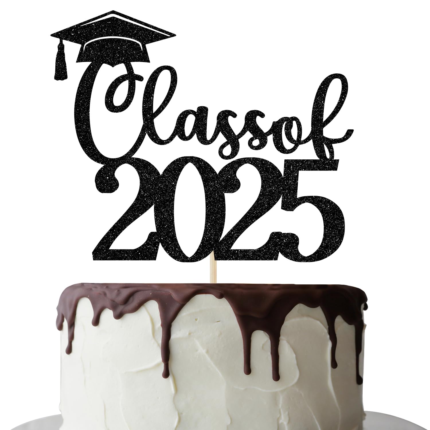 2025 Graduation Cake Topper - Black Glitter High School & College Graduation Party Decor - Class of 2025 Party Supplies for Graduation Ceremony, Commencement Celebration & Grad Night Decorations
