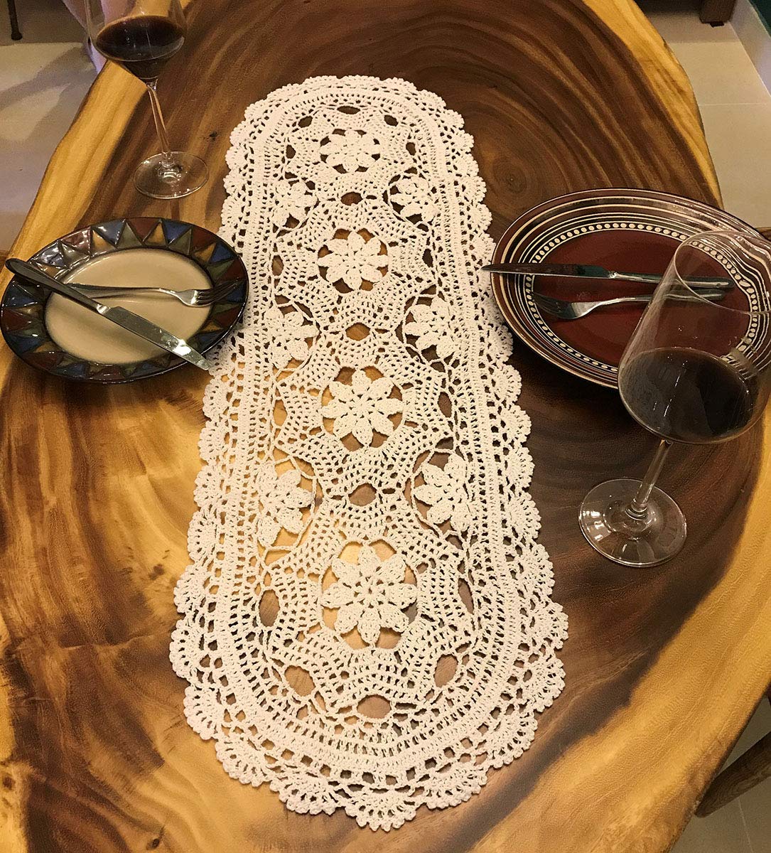 Handmade Beige Crochet Cotton Table Runner - 12 x 35 Inch Lace Doily for Dining Table, Dresser, or Wedding Decor - Elegant Oval Linen Scarf for Home Decor and Special Occasions