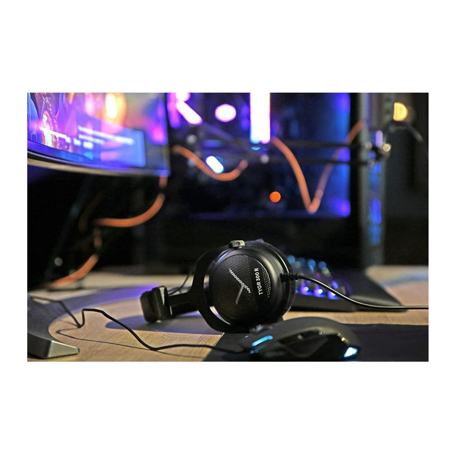 beyerdynamic TYGR 300 R Open-Back Gaming Headphones with Headphone Hanger Mount - Premium Audio Bundle for PC, PS5, Xbox Series X Gaming & Streaming (Includes Cable Organizer)