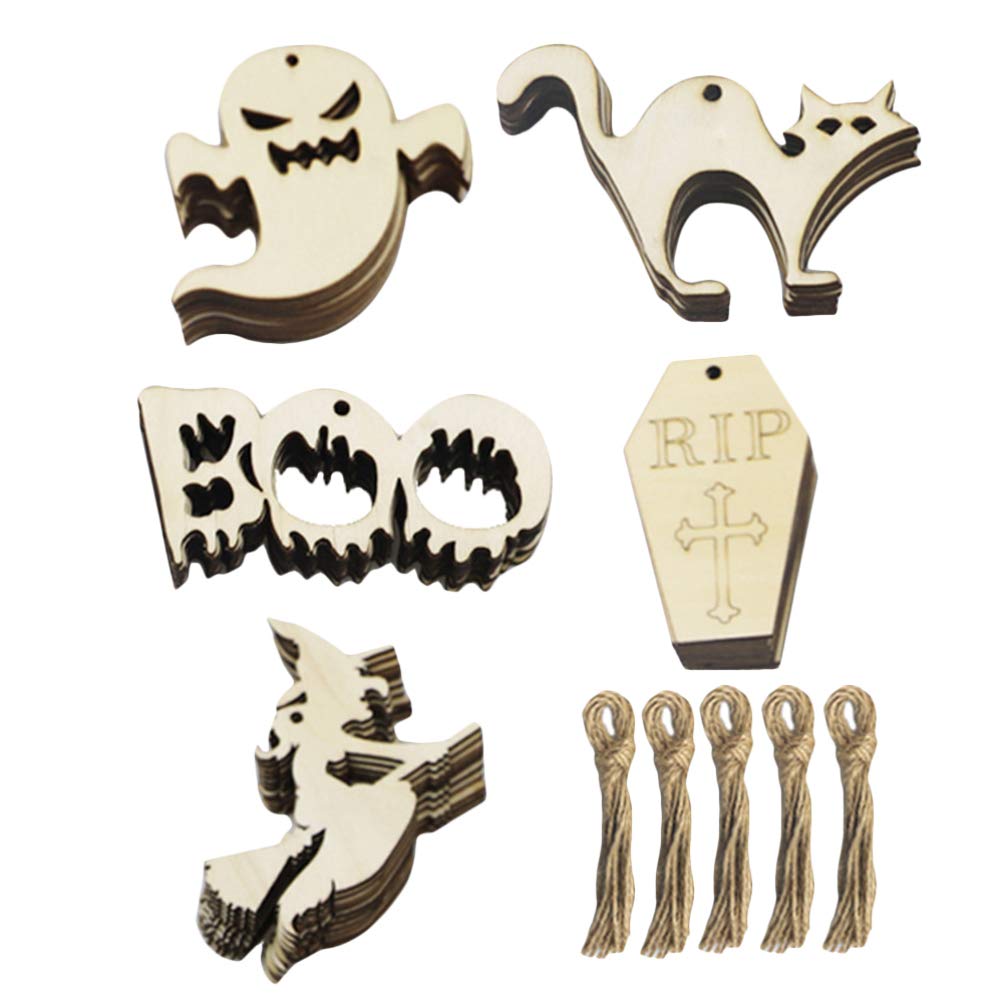 50pcs Wooden Halloween Cutouts - Ghost, Black Cat & Witch Shapes - Hanging Ornaments for Halloween Party Decorations, Classroom Activities & Spooky Home Decor