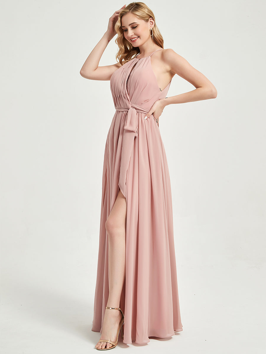 Elegant Dark Navy Halter Neck Slit Wrap Chiffon Bridesmaid Dress - Floor Length Formal Gown for Weddings, Parties & Special Occasions