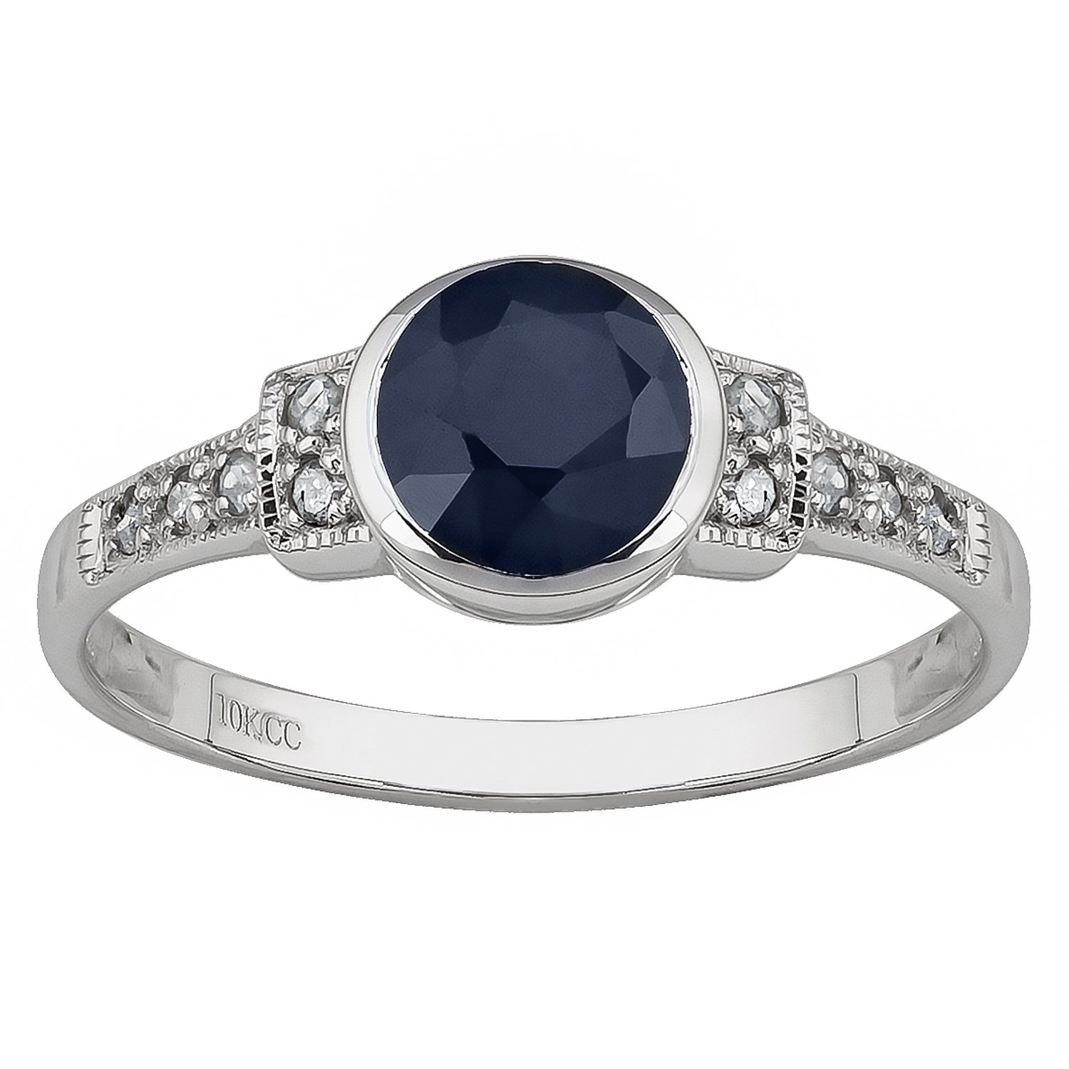 10K White Gold Vintage Style Genuine Round Sapphire & Diamond Ring for Women - Elegant Engagement, Wedding, Anniversary Gift for Her