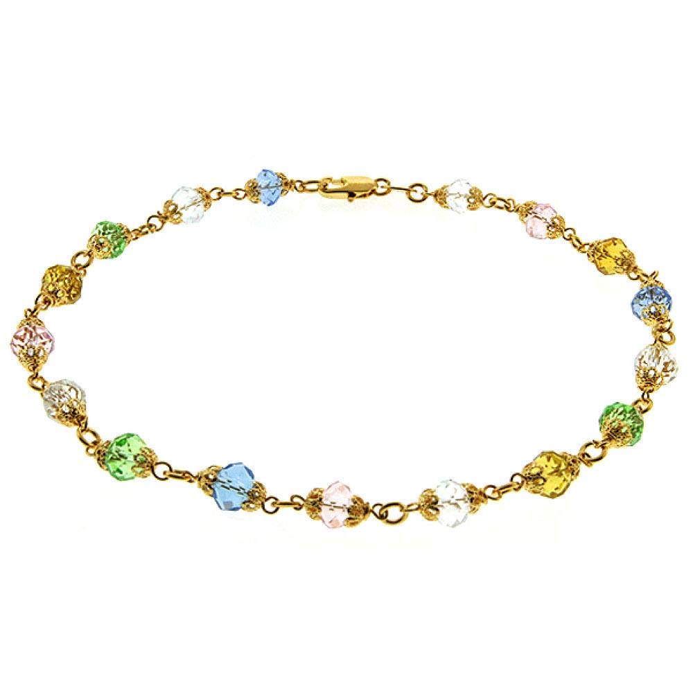 Gem Stone King 7.5-Inch Multi-Color Round Gemstone Gold Plated Anklet Bracelet for Women - Elegant Beach Wedding & Summer Fashion Jewelry Accessory