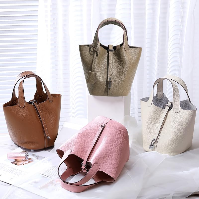 Women's Leather Handbag - Lychee Pattern Top Handle Tote with Lock Bucket Design, Stylish Hobo Bag for Work, Travel & Daily Use | Solid Color Shoulder Bag for Women