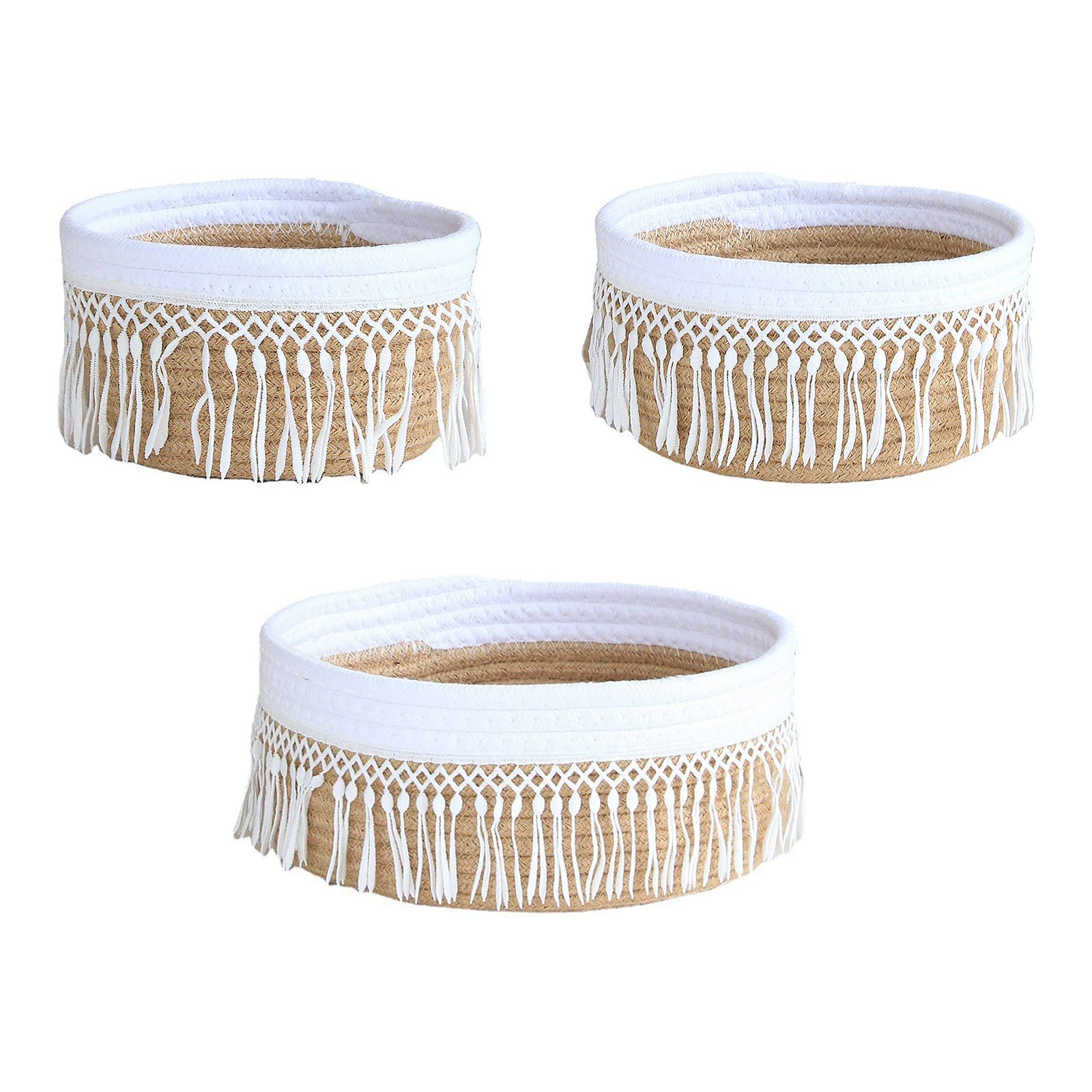3-Pack Boho Cotton Rope Woven Tassel Storage Baskets - Small Decorative Baskets for Desk, Bedroom, Living Room & Bathroom Organization | Perfect for Home Decor, Gift Giving & Clutter Control