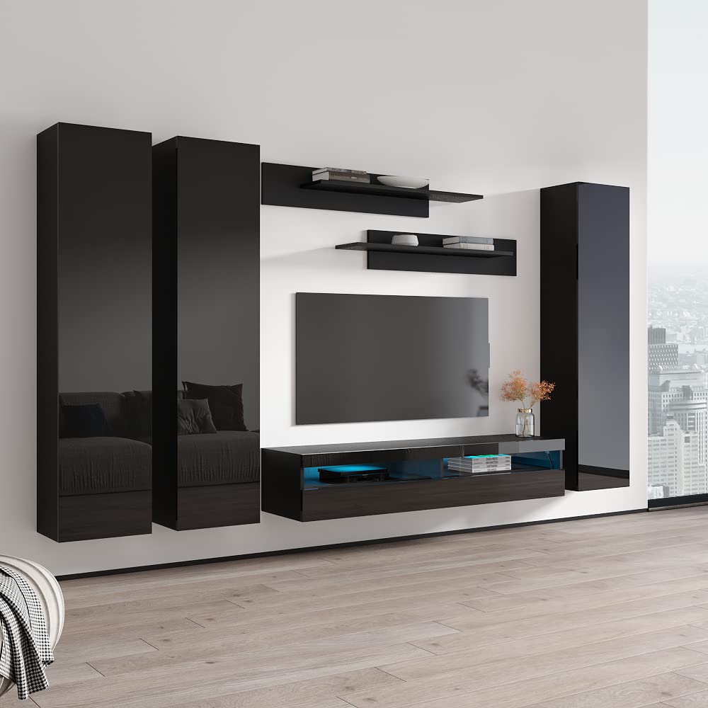 Modern Wall-Mounted TV Stand with Storage Shelves & LED Lights - 35