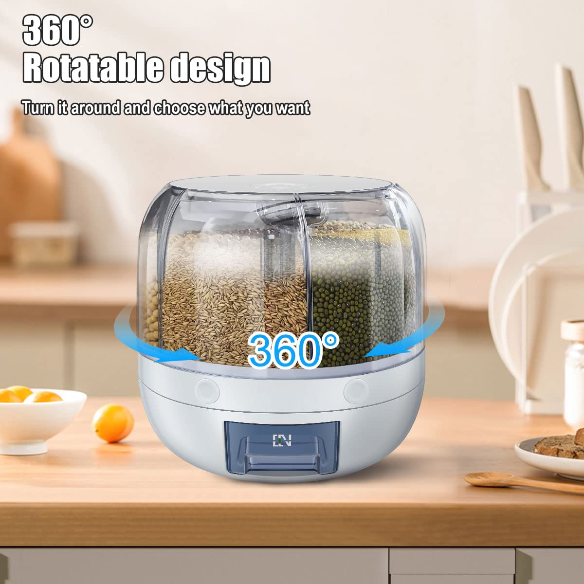 360° Rotating 6-Grid 3kg Round Food Dispenser - Transparent Plastic Cereal/Rice/Dry Food Container with Lid for Kitchen Storage | Perfect for Pantry Organization & Bulk Food Dispensing