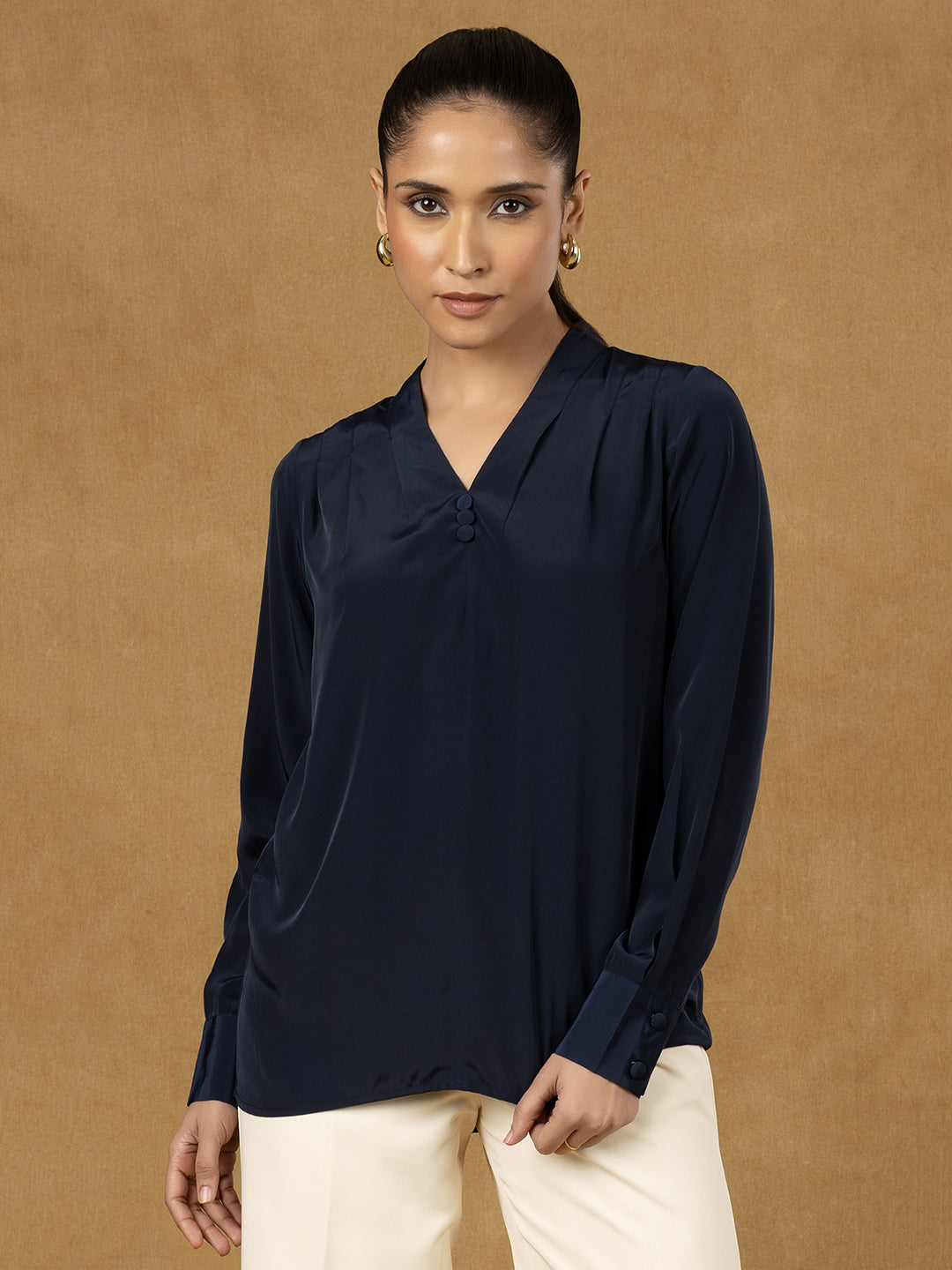 Navy Blue V-Neck Pleated Blouse for Women - Elegant Casual & Office Wear | Perfect for Work, Dates & Special Occasions