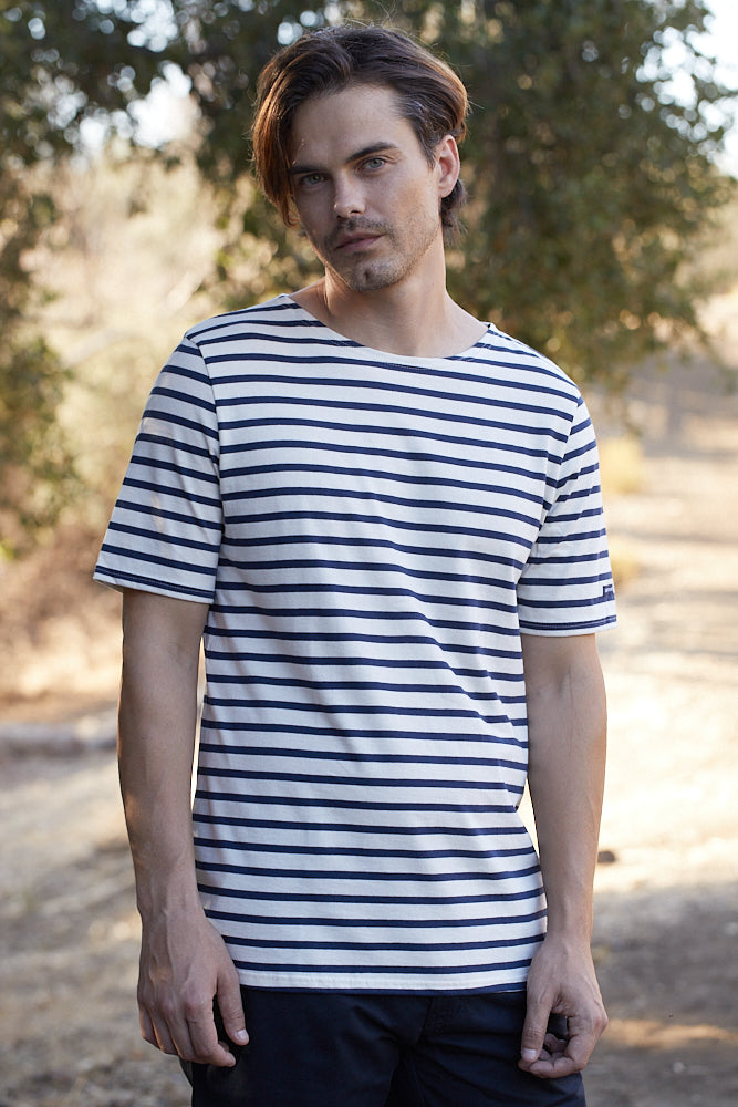 LEVANT MODERN Breton Stripe Short Sleeve Shirt for Men & Women | Soft 100% Cotton Comfort | Unisex Casual T-Shirt (ECRU/NAVY) | Perfect for Beach, Travel & Everyday Wear