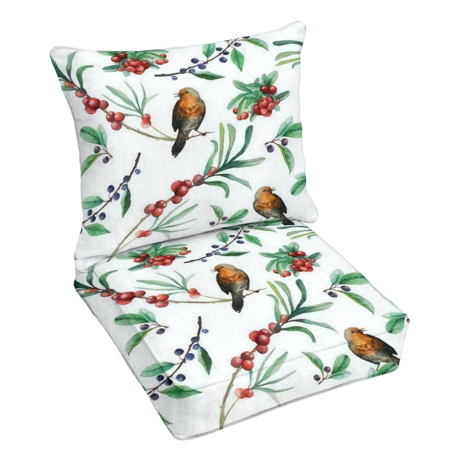 Premium Outdoor Deep Seating Cushion Set - Watercolor Wild Berries & Birds Floral Design - Replacement Cushions for Patio Furniture, Lounge Chairs - Waterproof & Durable for Backyard, Garden, Poolside Relaxation