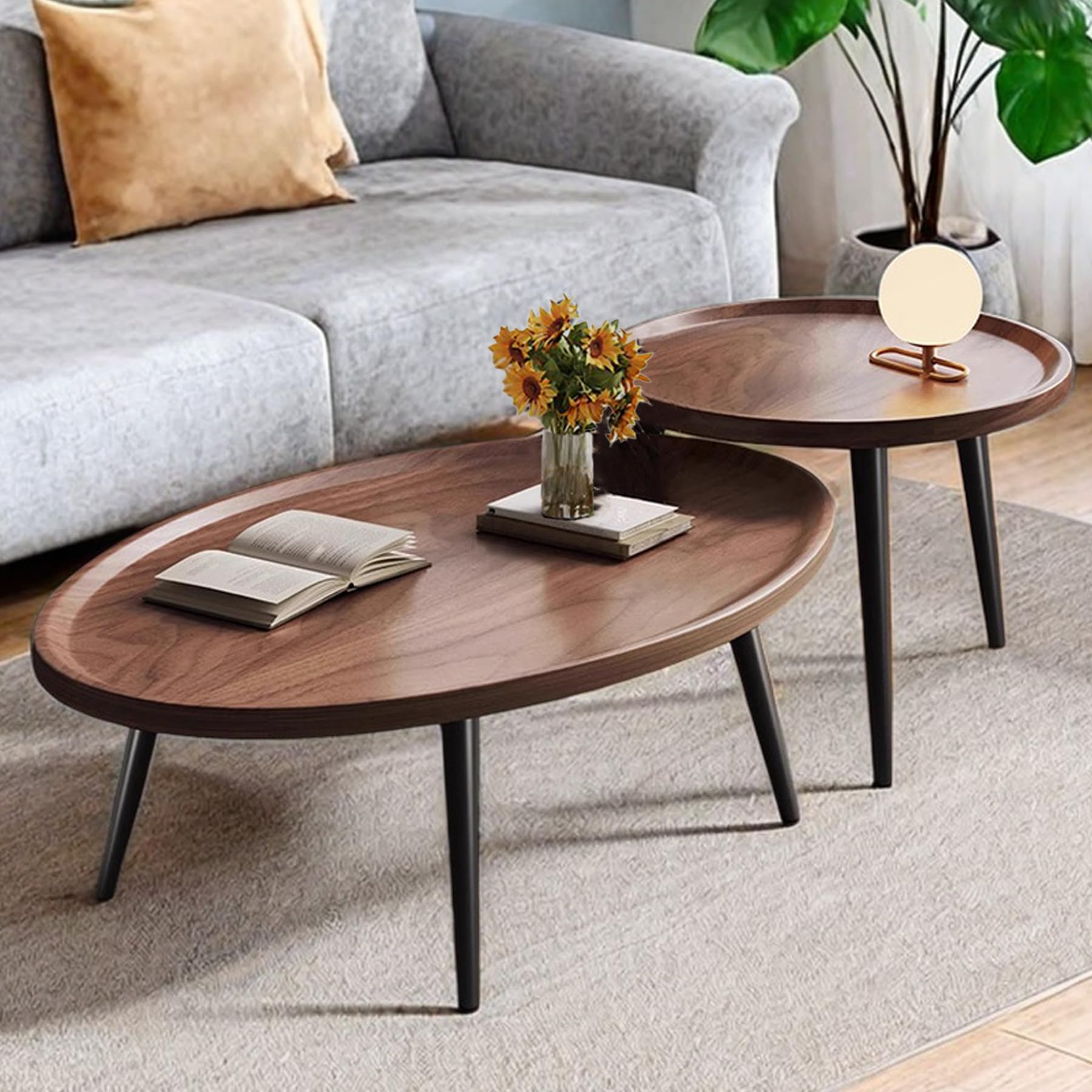 Mid Century Modern Nesting Coffee Table Set of 2 - Oval & Round Side Tables for Living Room, Bedroom, Small Spaces - Walnut Finish | Perfect for Compact Apartments, Cozy Reading Nooks & Contemporary Home Decor